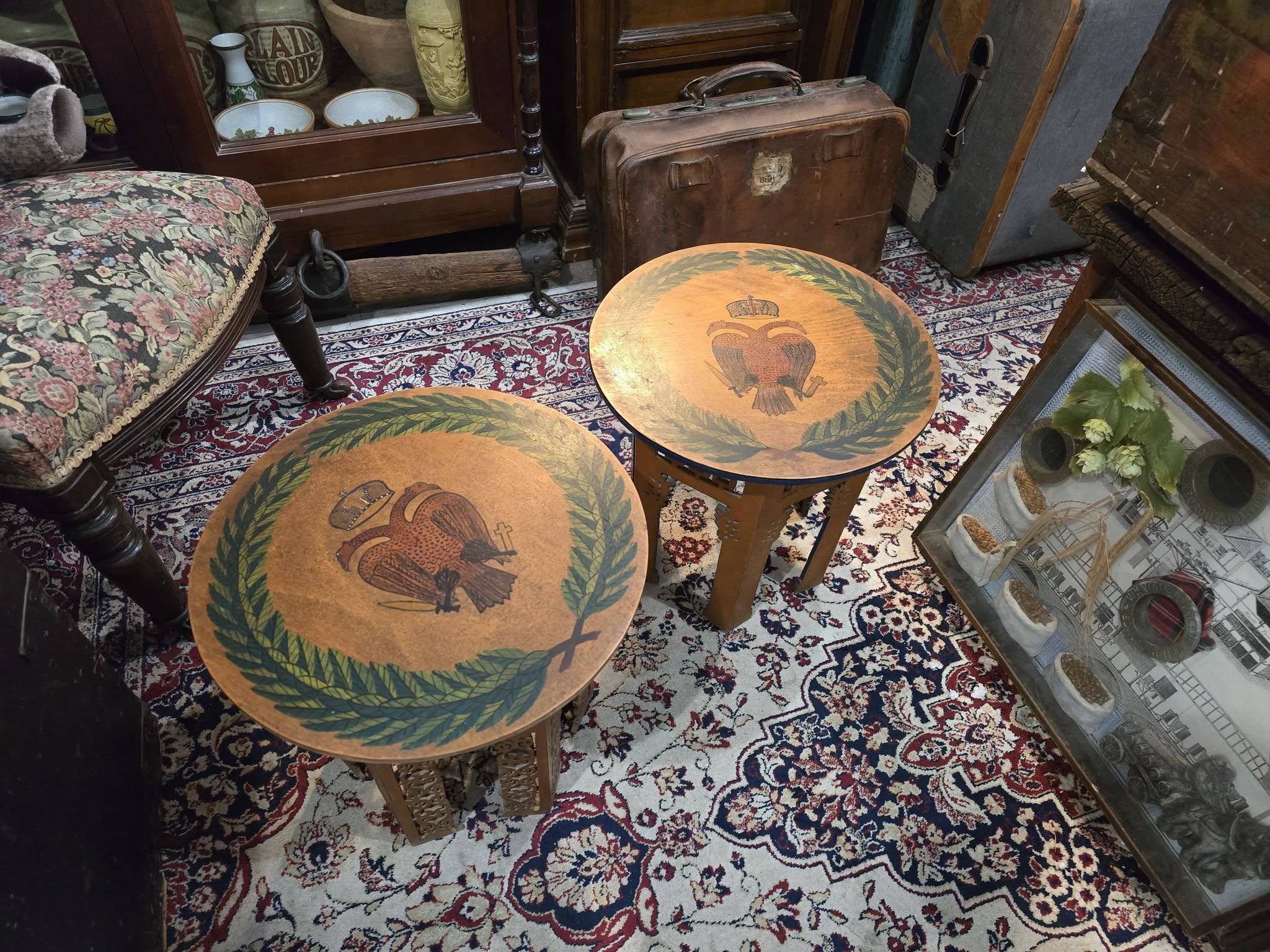 Vintage hand-painted beautiful double-headed eagle byzantine emblem wooden side tables