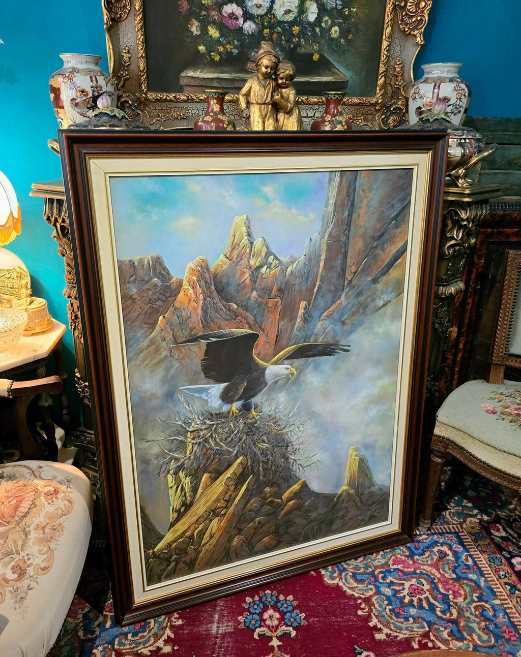 Vintage Anasazi Nest Builder II – Very Large Framed Bald Eagle Wildlife Print by Ted Blaylock