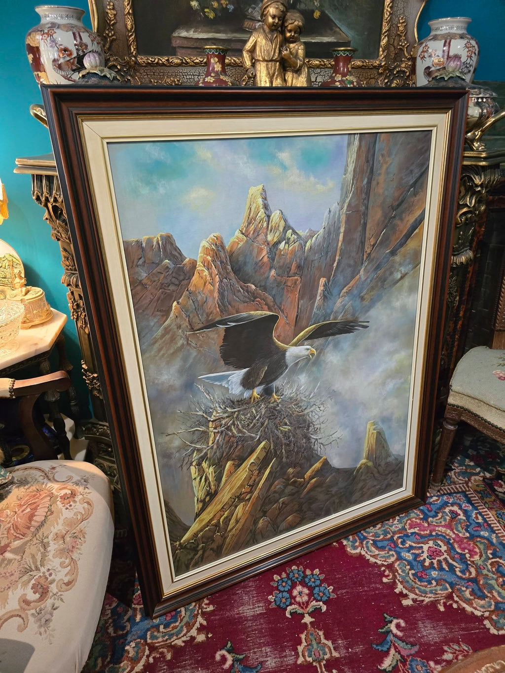 Vintage Anasazi Nest Builder II – Very Large Framed Bald Eagle Wildlife Print by Ted Blaylock