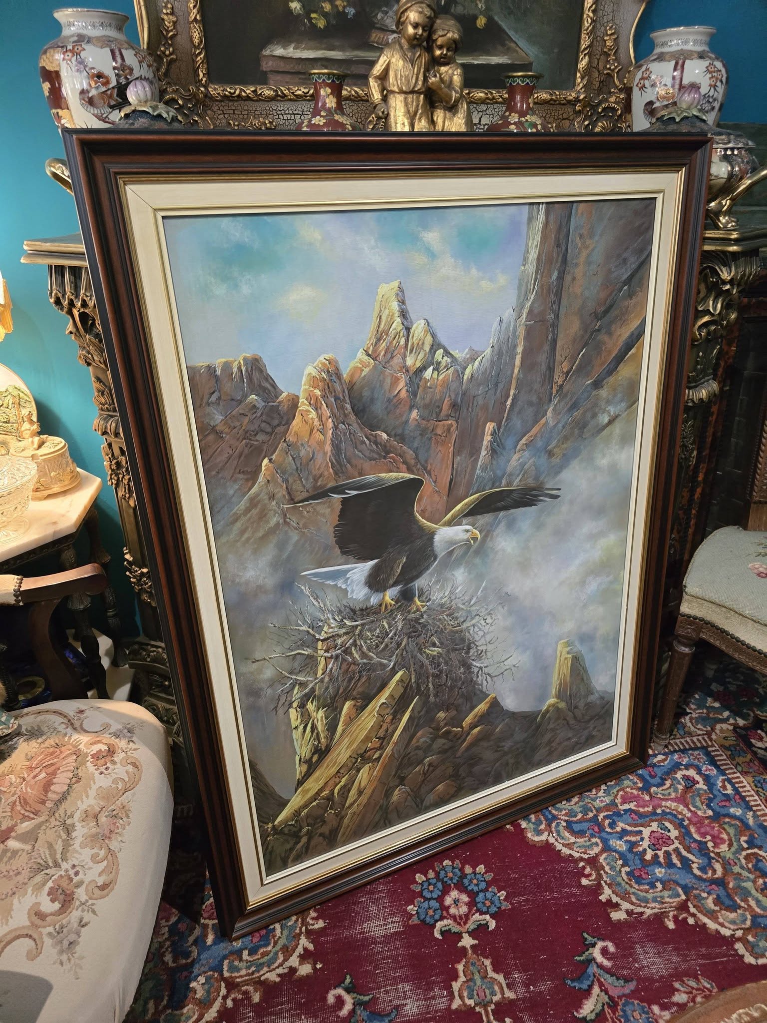 Vintage Anasazi Nest Builder II – Very Large Framed Bald Eagle Wildlife Print by Ted Blaylock