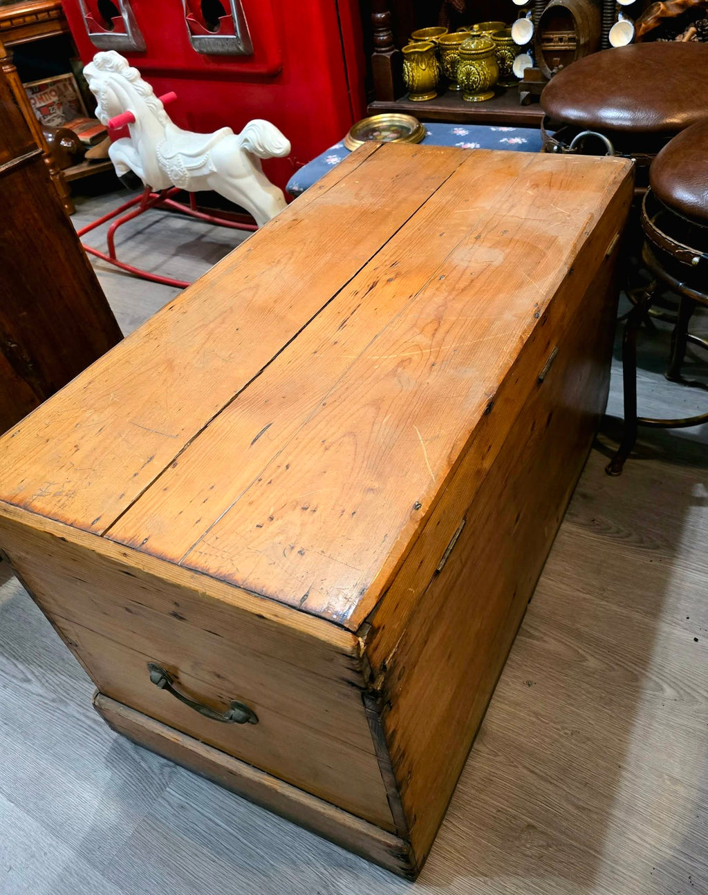 Antique heavy quality pine carriage trunk chest