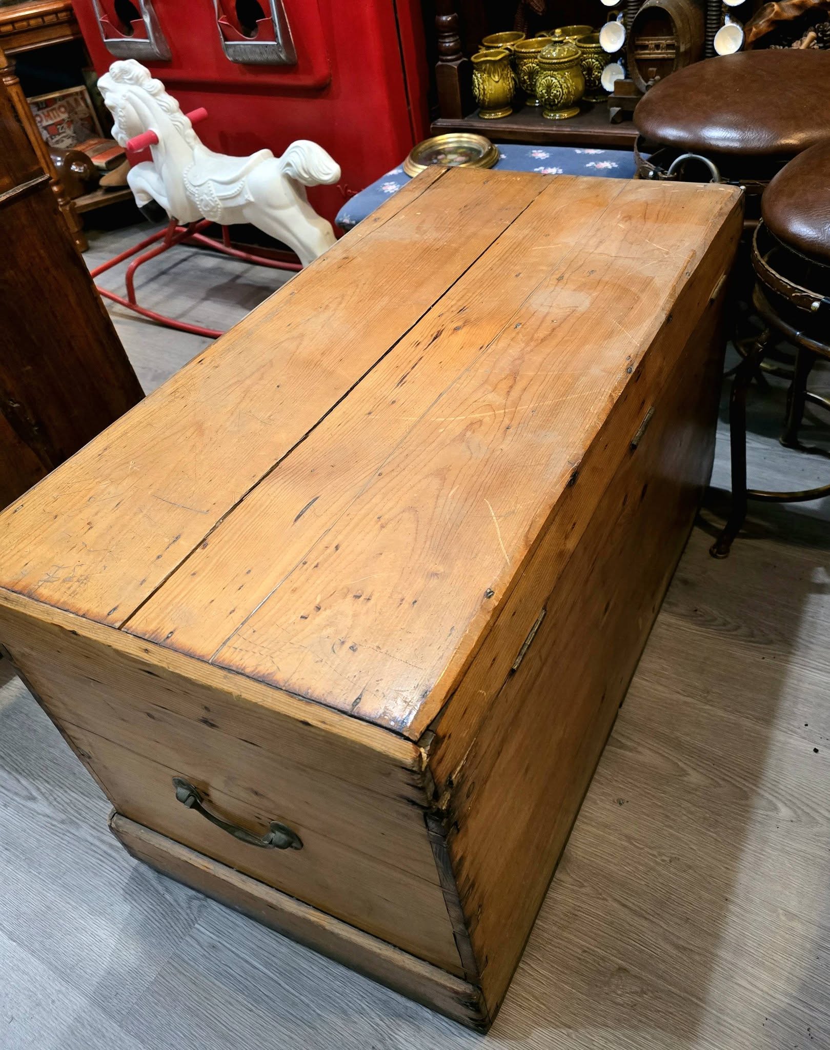 Antique heavy quality pine carriage trunk chest