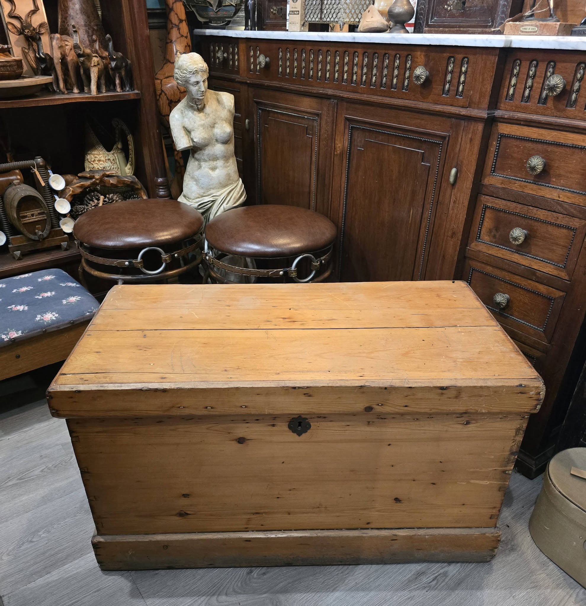 Antique heavy quality pine carriage trunk chest