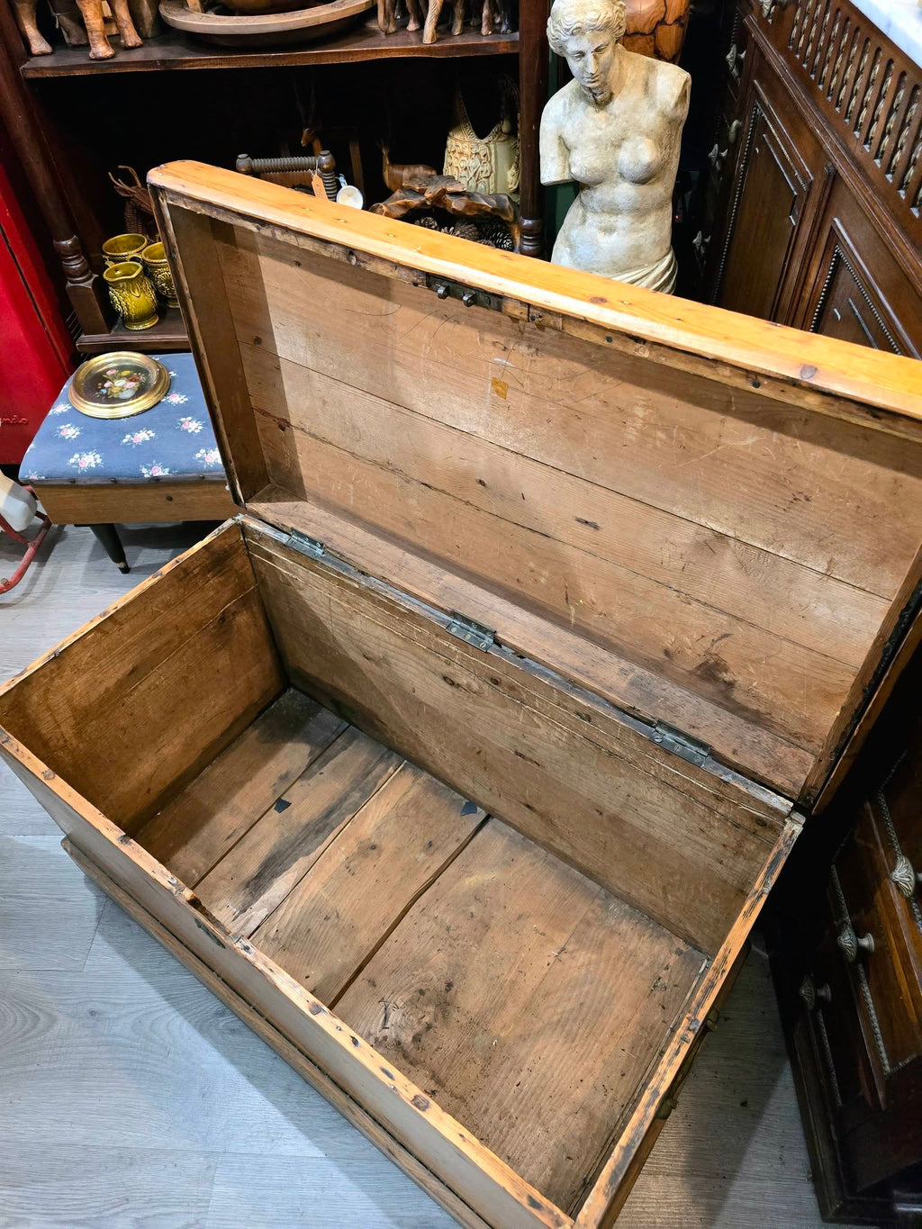 Antique heavy quality pine carriage trunk chest