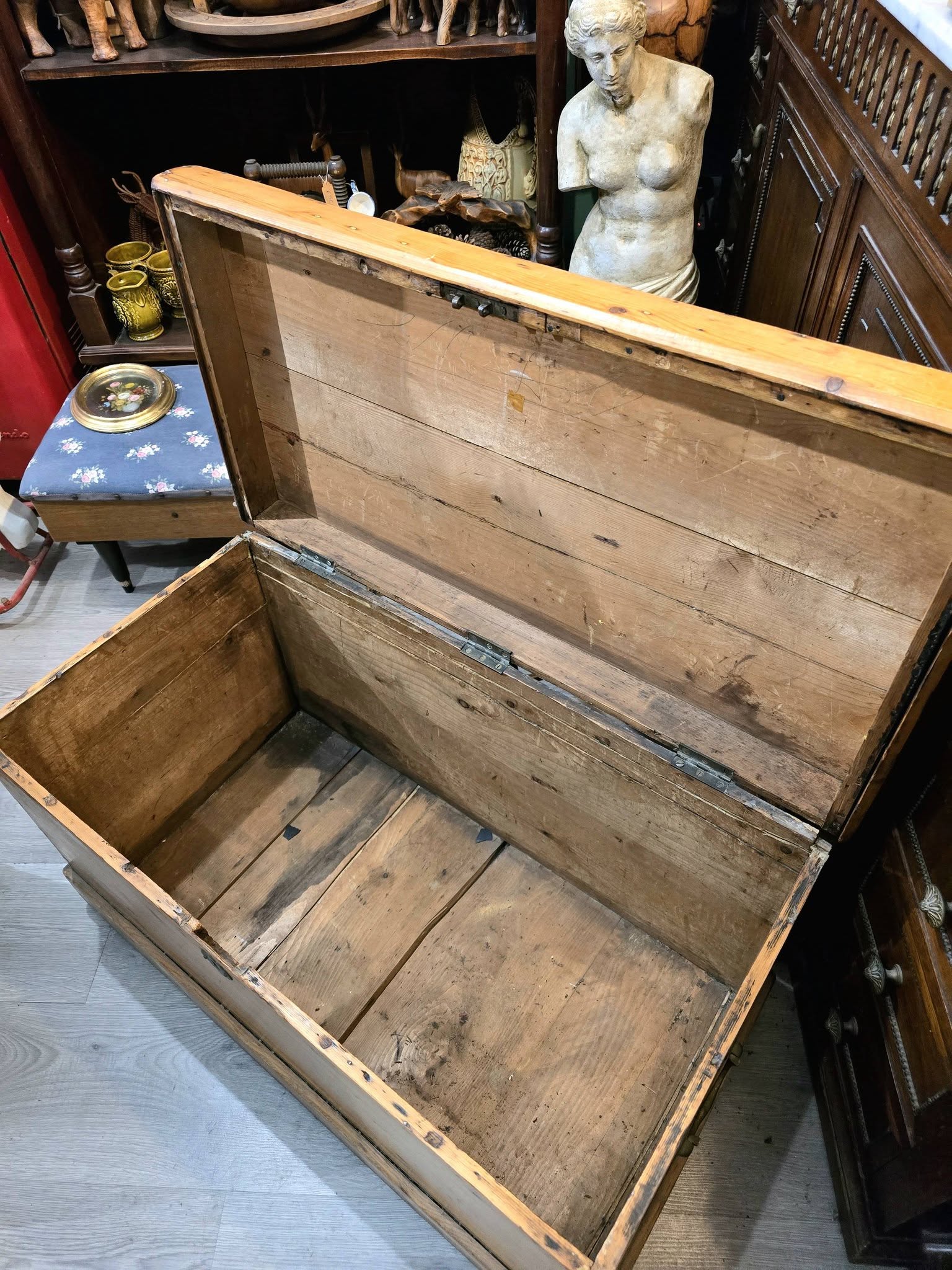 Antique heavy quality pine carriage trunk chest