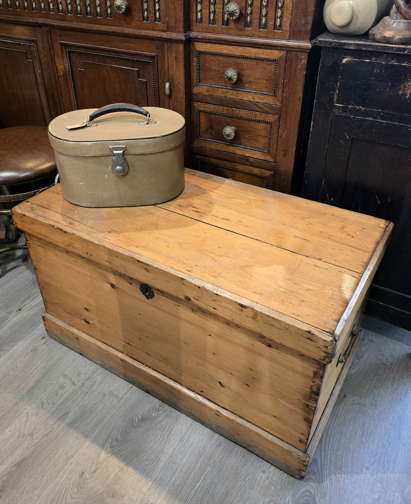 Antique heavy quality pine carriage trunk chest