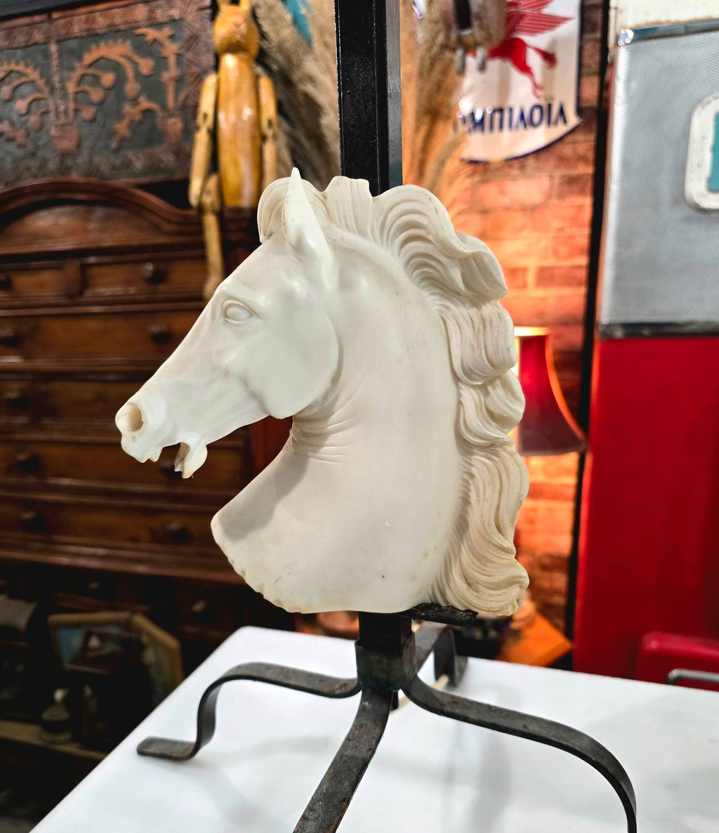 Vintage table lamp blue fabric shade and a white sculpted horse head bust on a black metal base