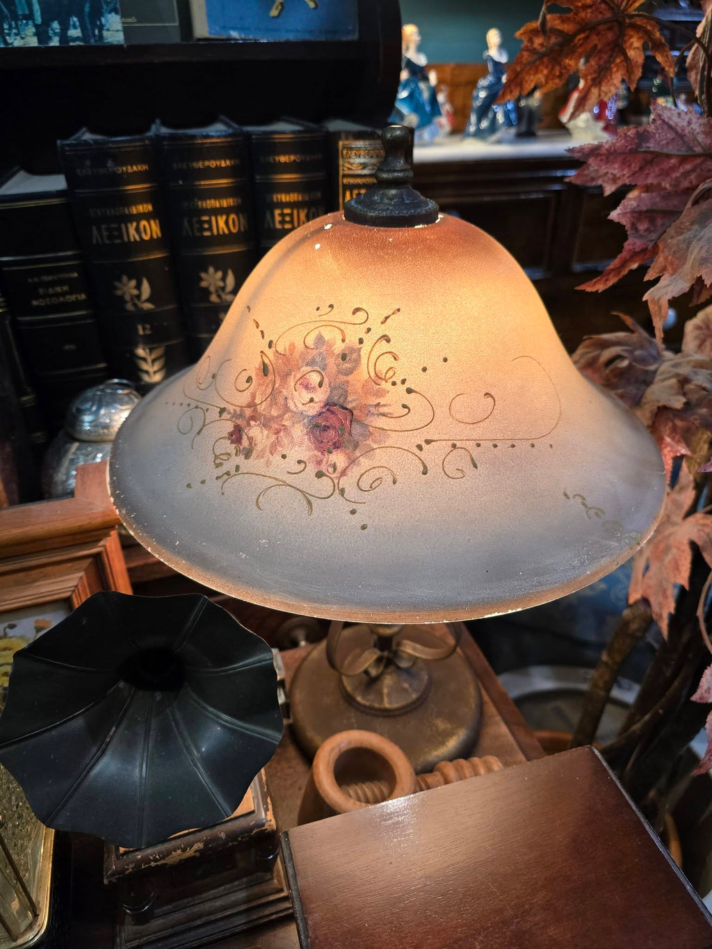 Vintage frosted glass lamp shade with a warm amber gradient and a painted floral design