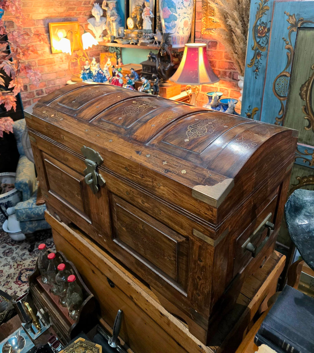 Antique beautiful wooden Chest Brass Inlaid Trunk