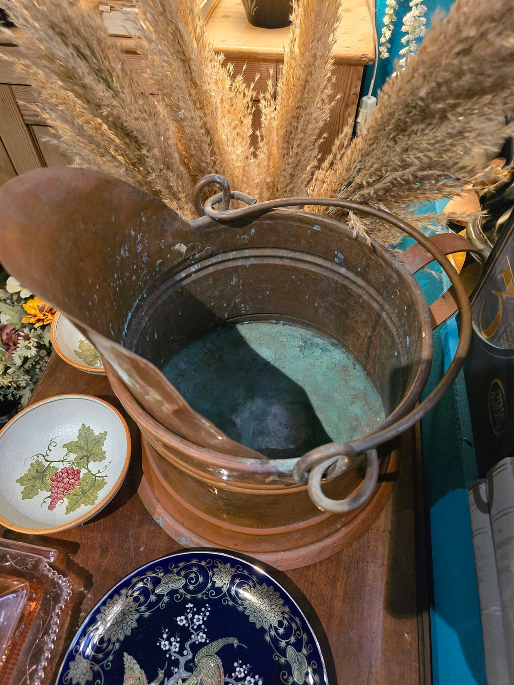Antique copper and brass coal bucket