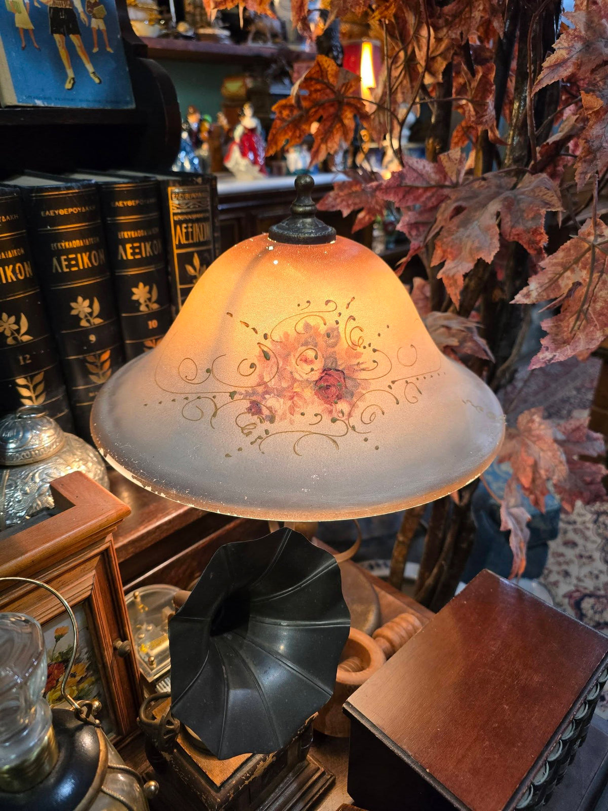 Vintage frosted glass lamp shade with a warm amber gradient and a painted floral design