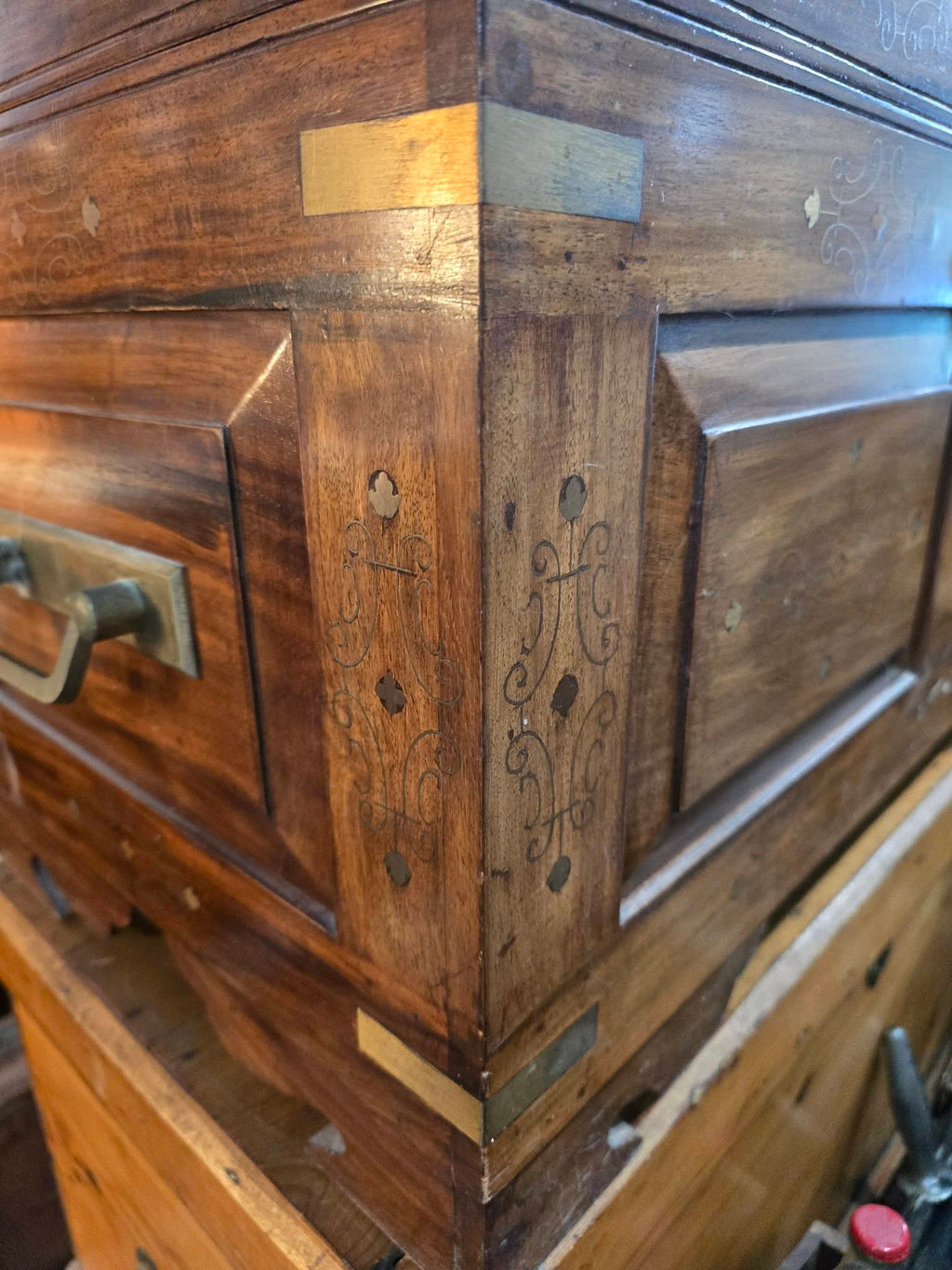 Antique beautiful wooden Chest Brass Inlaid Trunk
