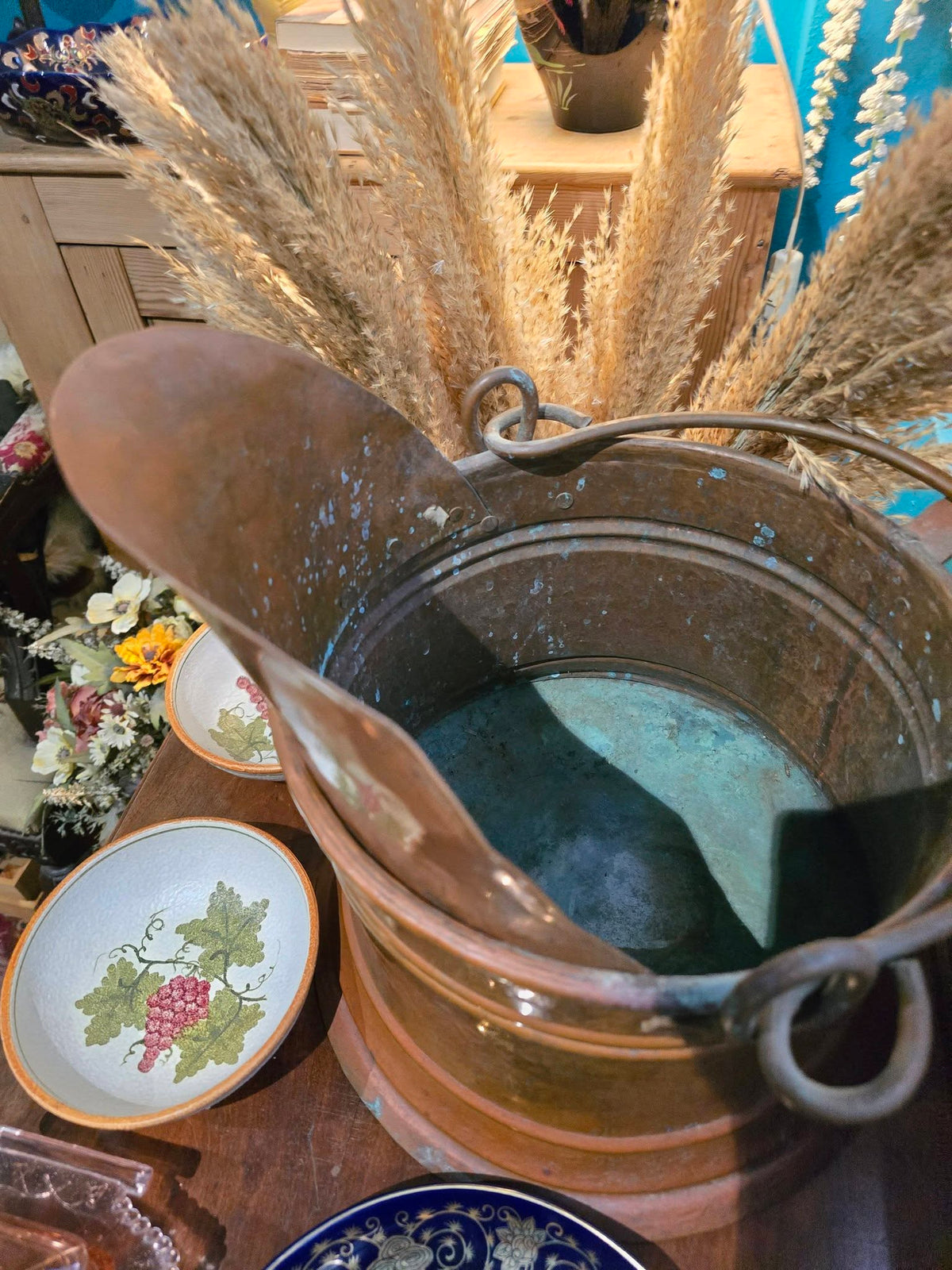Antique copper and brass coal bucket