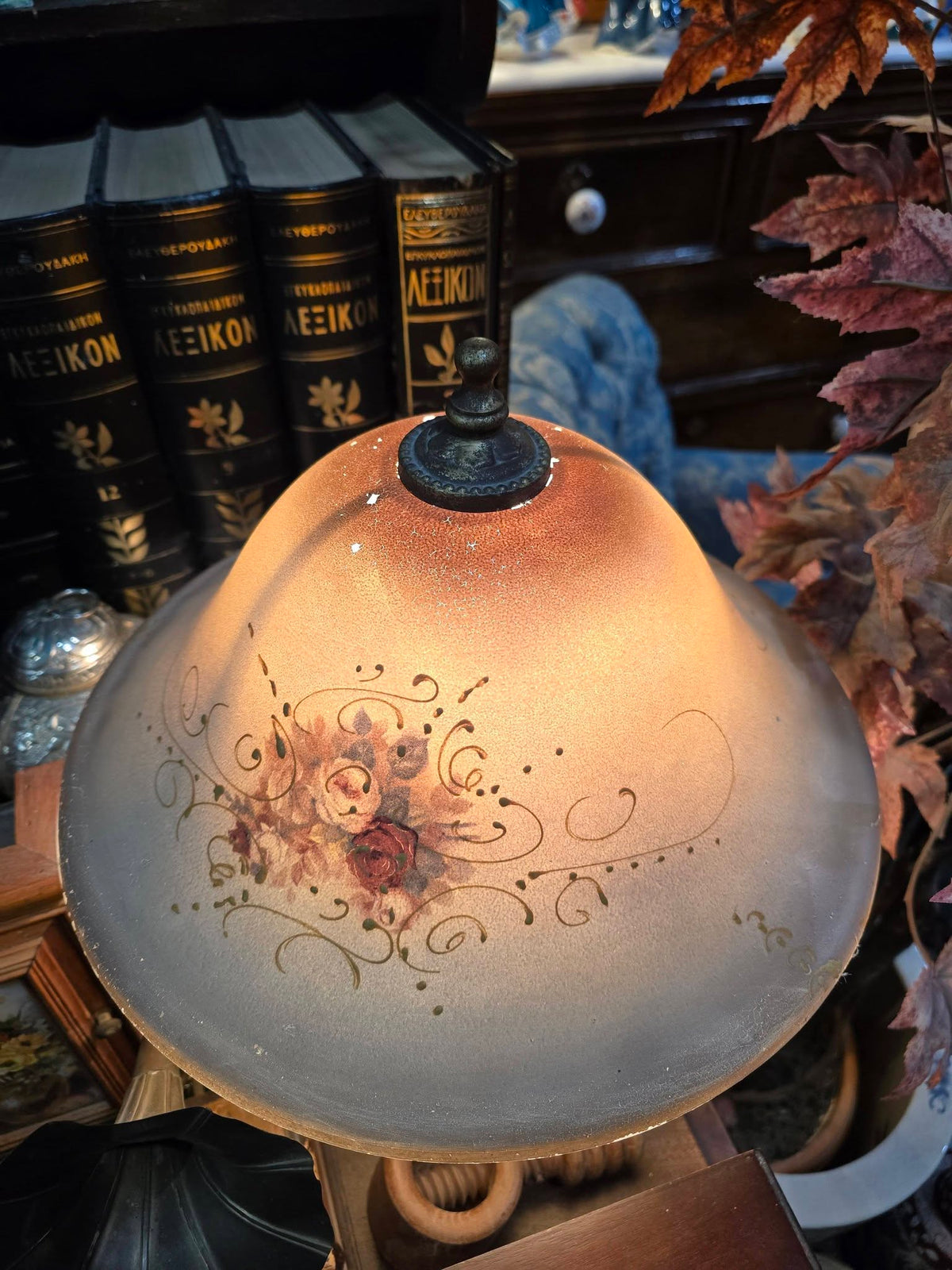 Vintage frosted glass lamp shade with a warm amber gradient and a painted floral design
