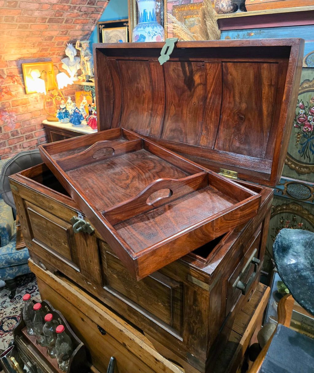 Antique beautiful wooden Chest Brass Inlaid Trunk