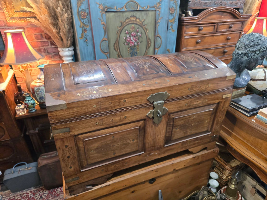 Antique beautiful wooden Chest Brass Inlaid Trunk