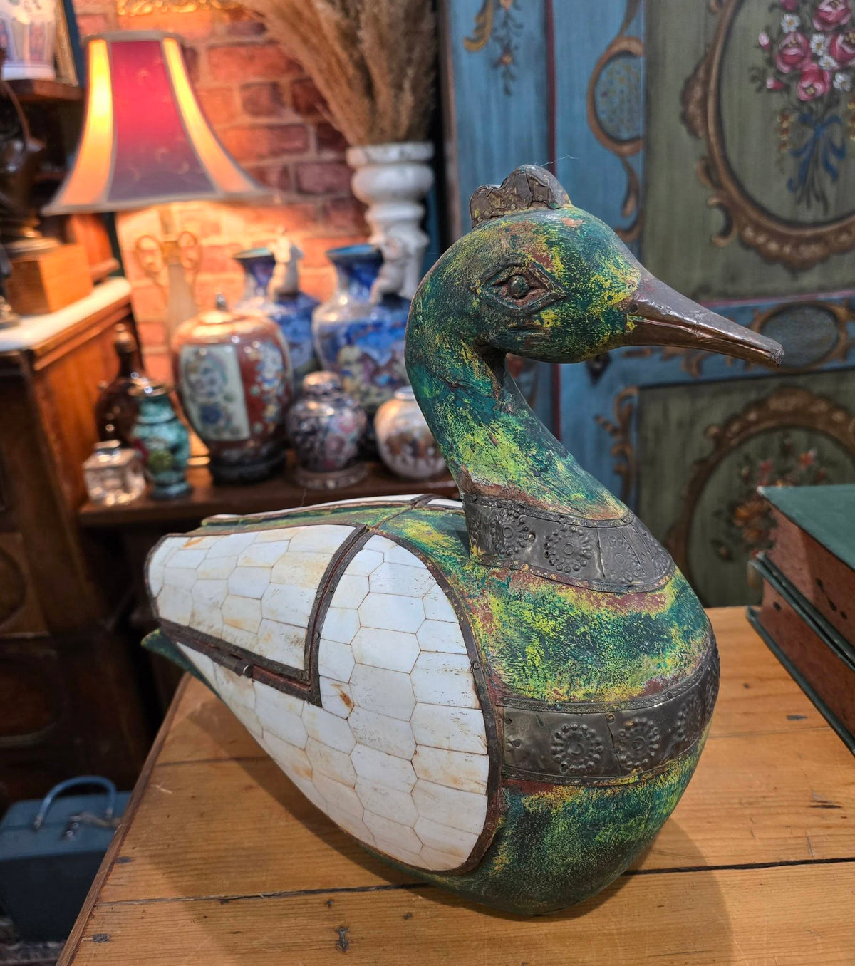 Vintage Wooden Duck Statue, Old Hand Crafted hammered Brass Mid-20th Century sculpture