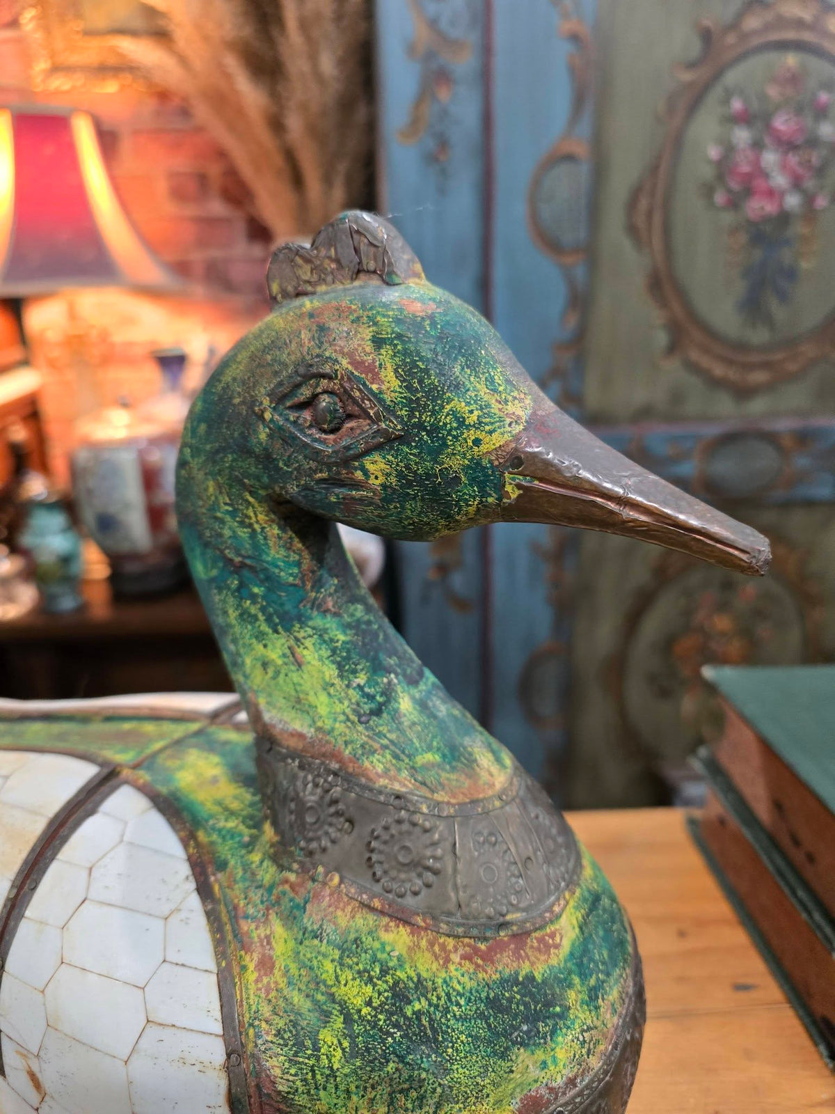 Vintage Wooden Duck Statue, Old Hand Crafted hammered Brass Mid-20th Century sculpture