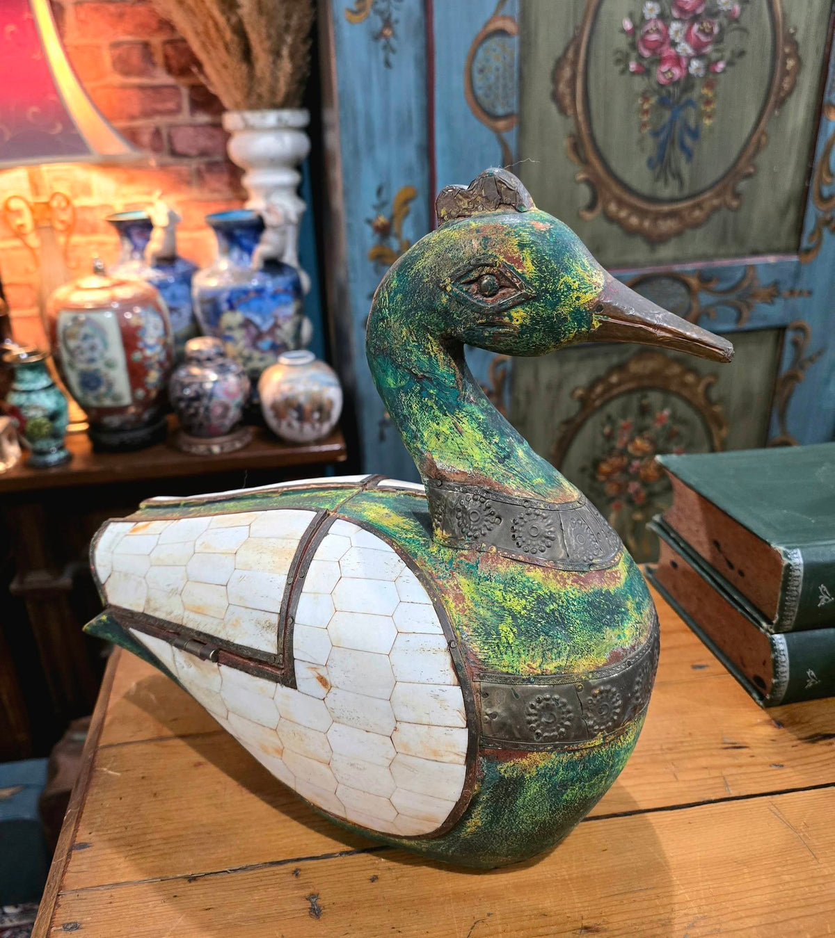Vintage Wooden Duck Statue, Old Hand Crafted hammered Brass Mid-20th Century sculpture