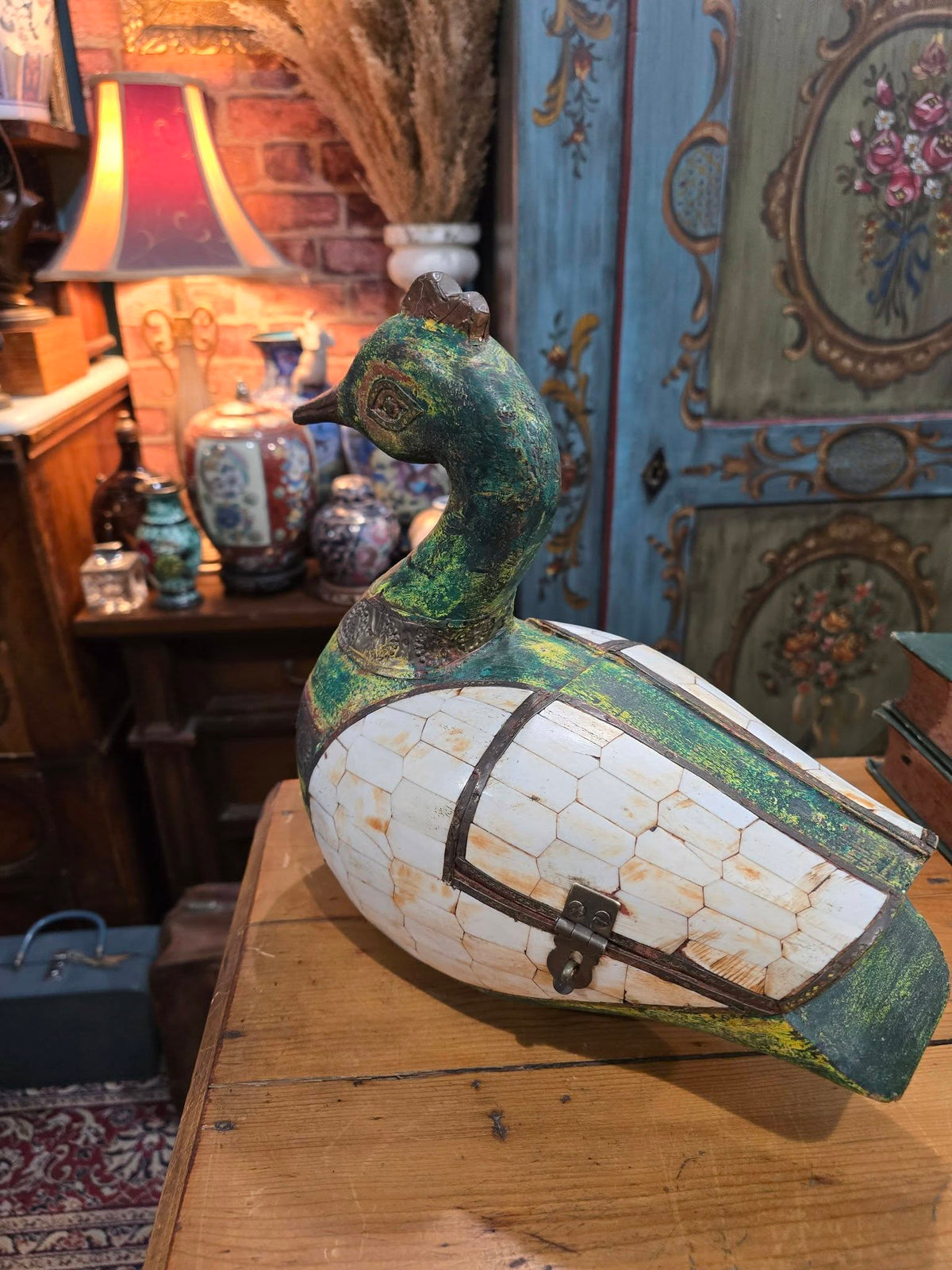 Vintage Wooden Duck Statue, Old Hand Crafted hammered Brass Mid-20th Century sculpture