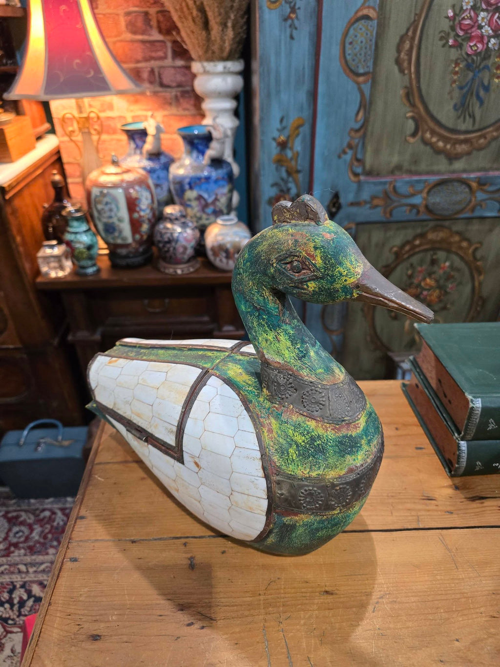 Vintage Wooden Duck Statue, Old Hand Crafted hammered Brass Mid-20th Century sculpture