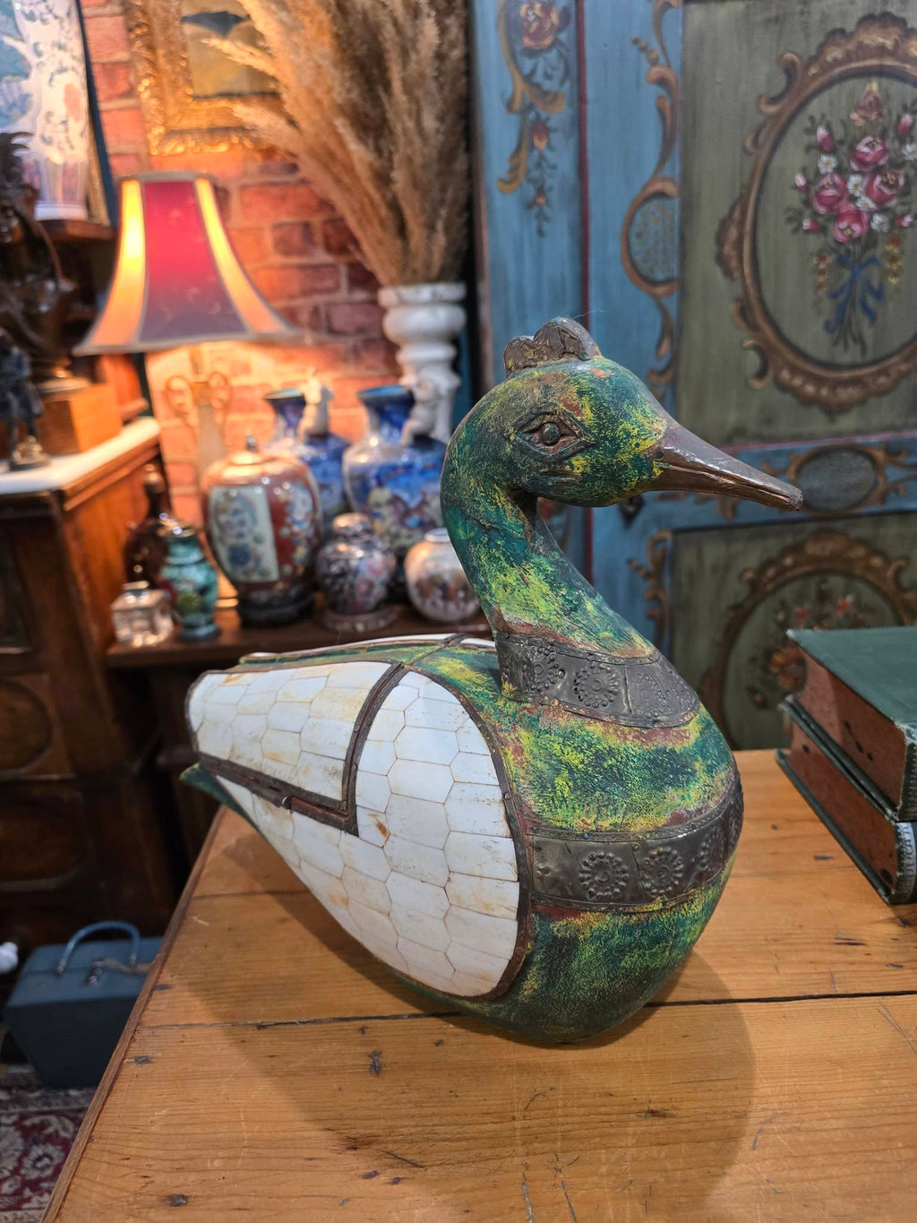 Vintage Wooden Duck Statue, Old Hand Crafted hammered Brass Mid-20th Century sculpture