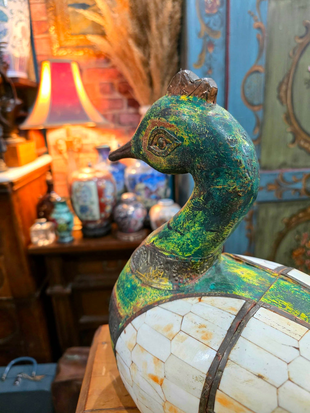 Vintage Wooden Duck Statue, Old Hand Crafted hammered Brass Mid-20th Century sculpture