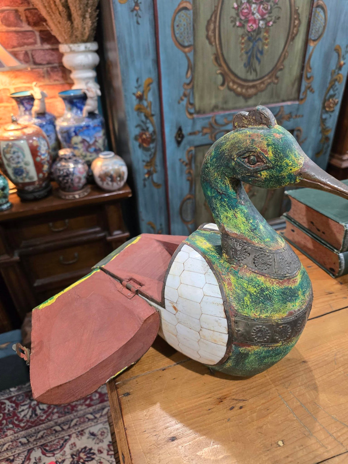 Vintage Wooden Duck Statue, Old Hand Crafted hammered Brass Mid-20th Century sculpture