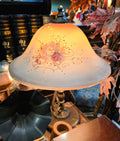 Vintage frosted glass lamp shade with a warm amber gradient and a painted floral design