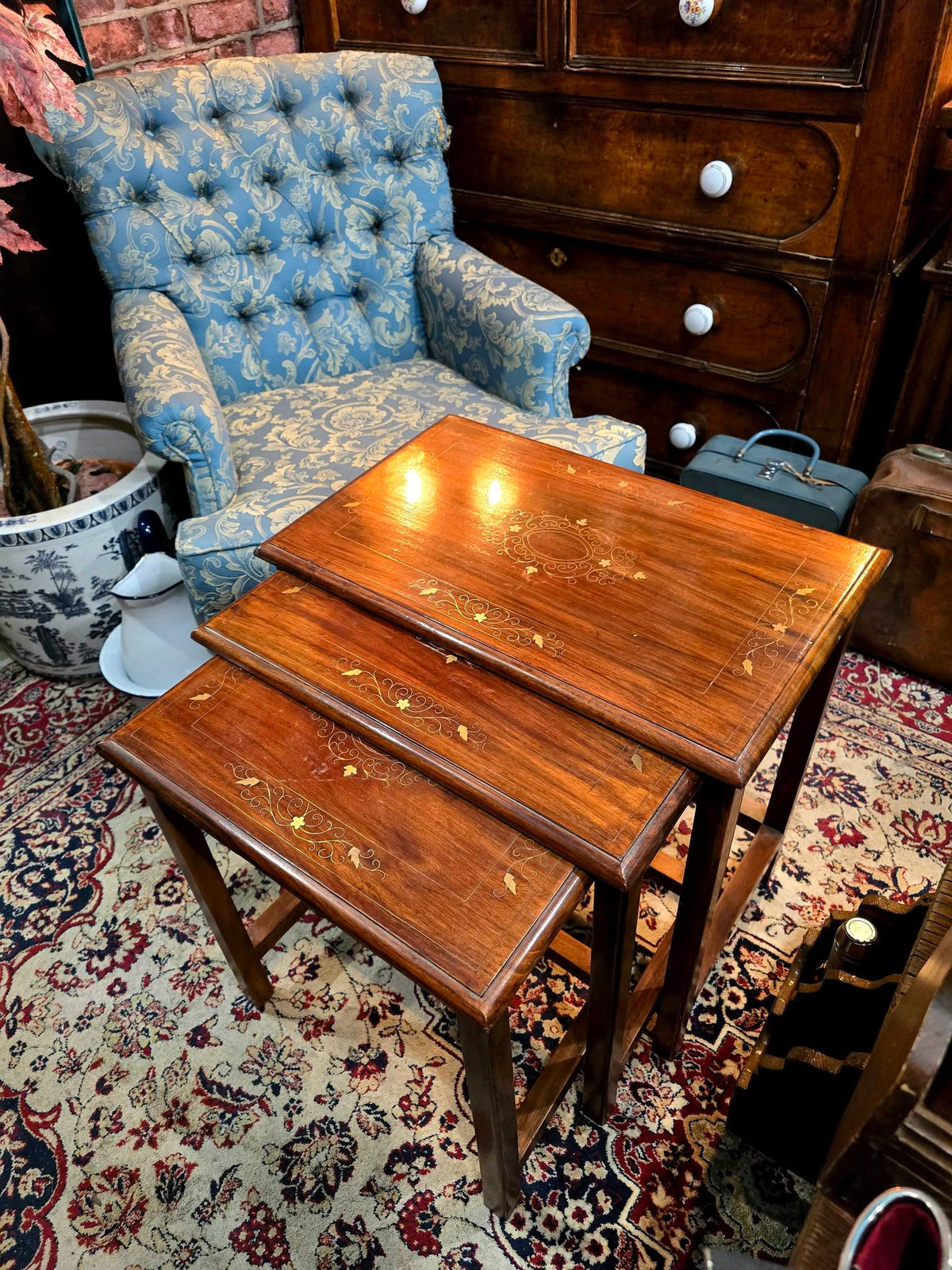Antique Mahogany Inlaid Nest Of Three Table