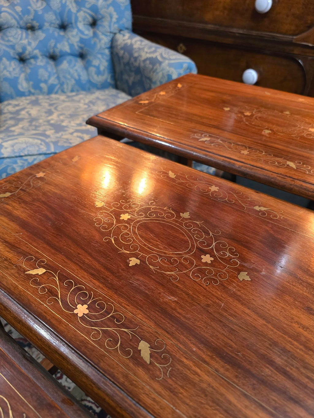 Antique Mahogany Inlaid Nest Of Three Table