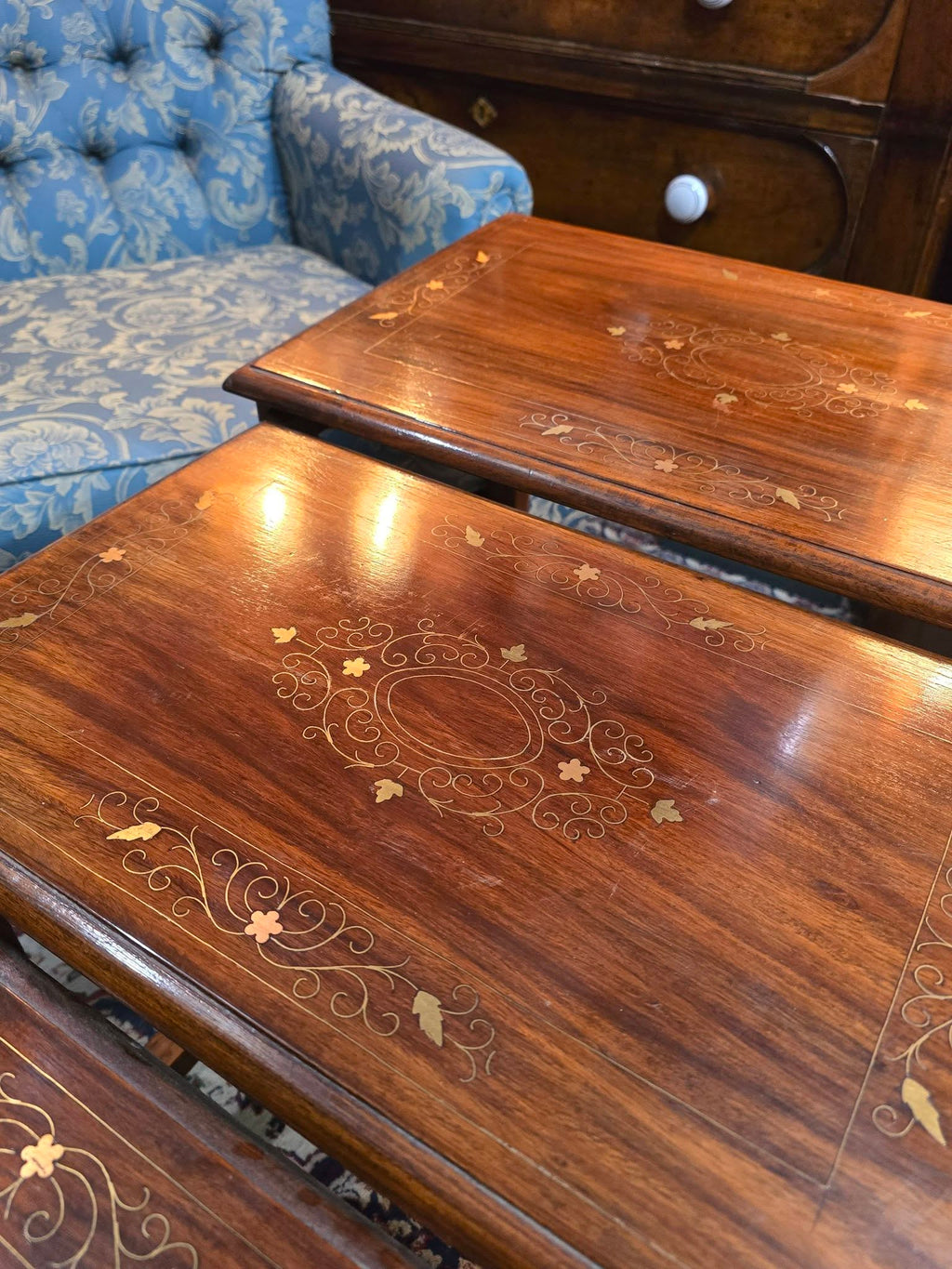 Antique Mahogany Inlaid Nest Of Three Table