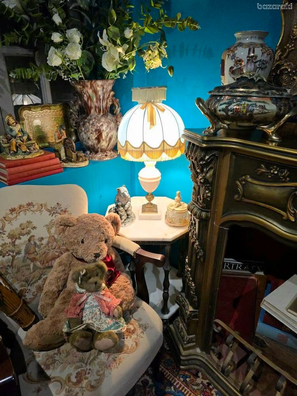 Antique hexagonal white marble top & brass base table