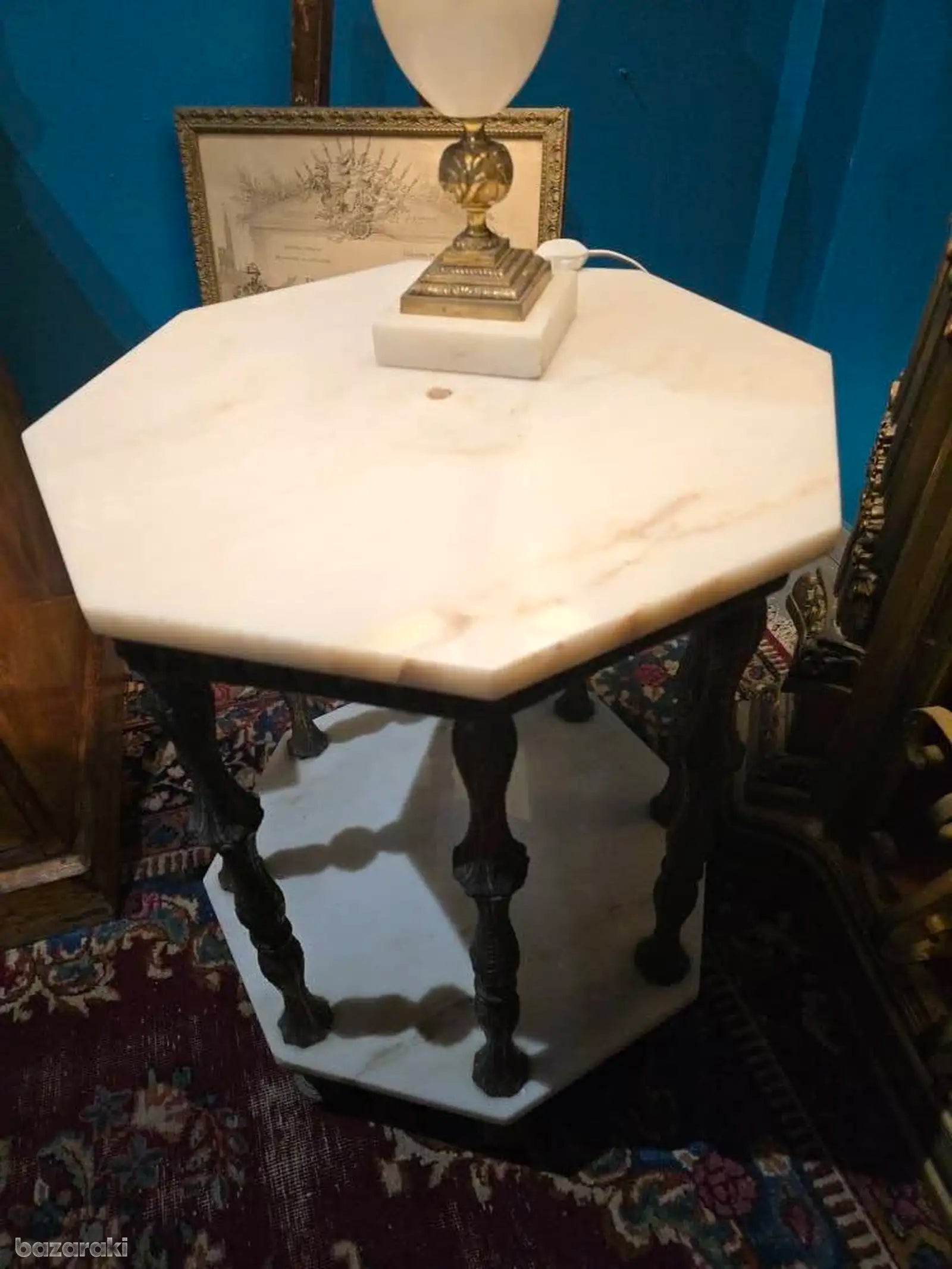 Antique hexagonal white marble top & brass base table