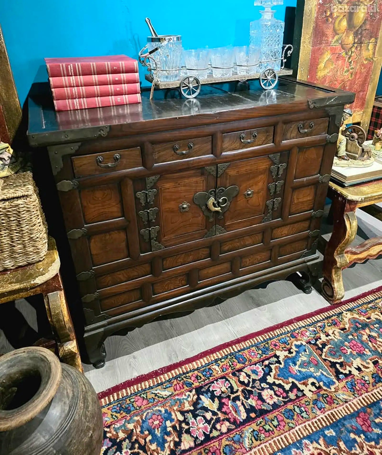 Antique 1940's wooden brass butterfly sideboard