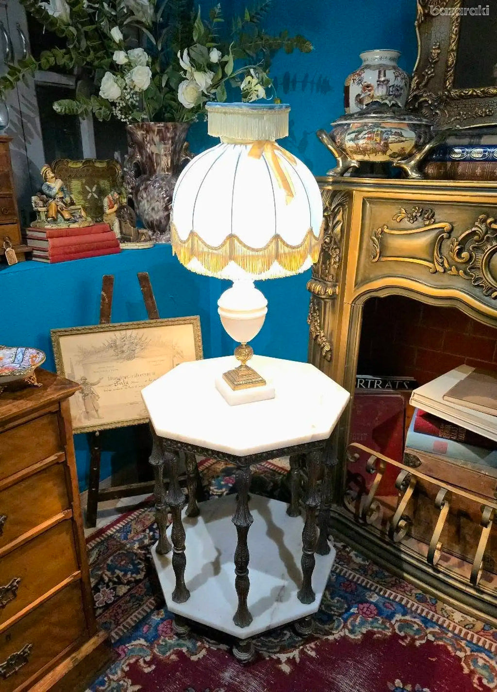 Antique hexagonal white marble top & brass base table