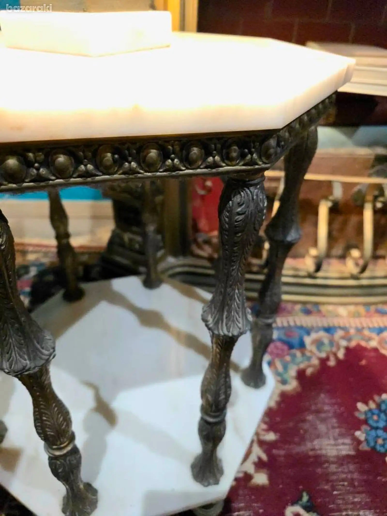 Antique hexagonal white marble top & brass base table