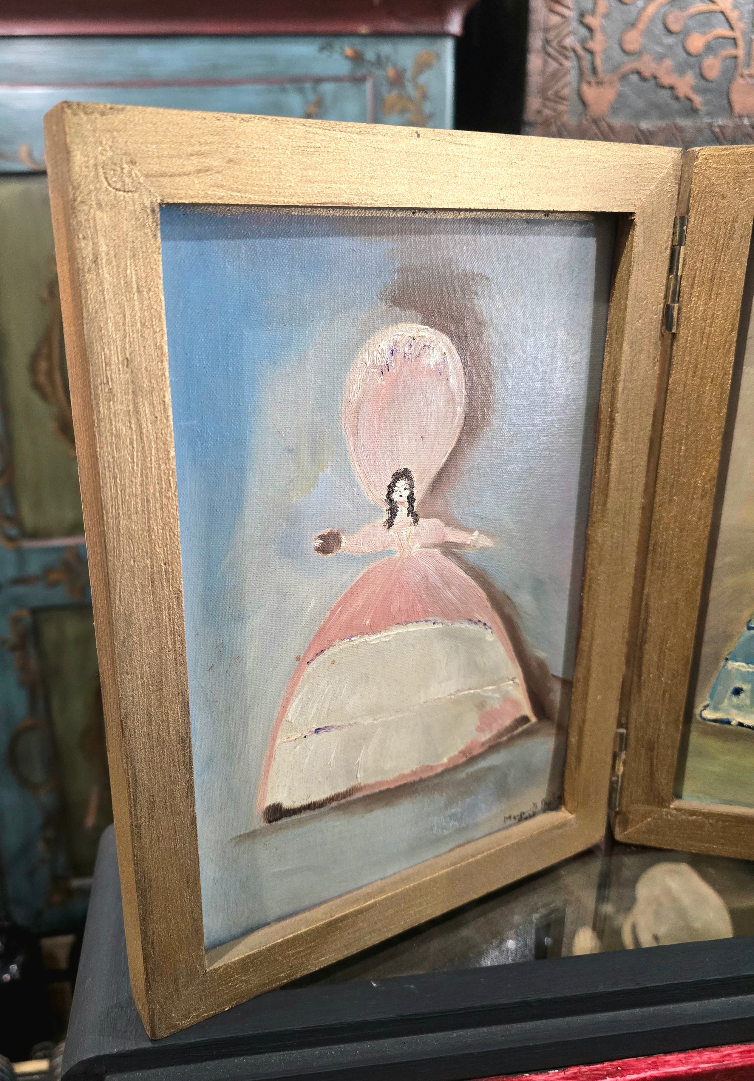 Vintage folding double portrait painting
