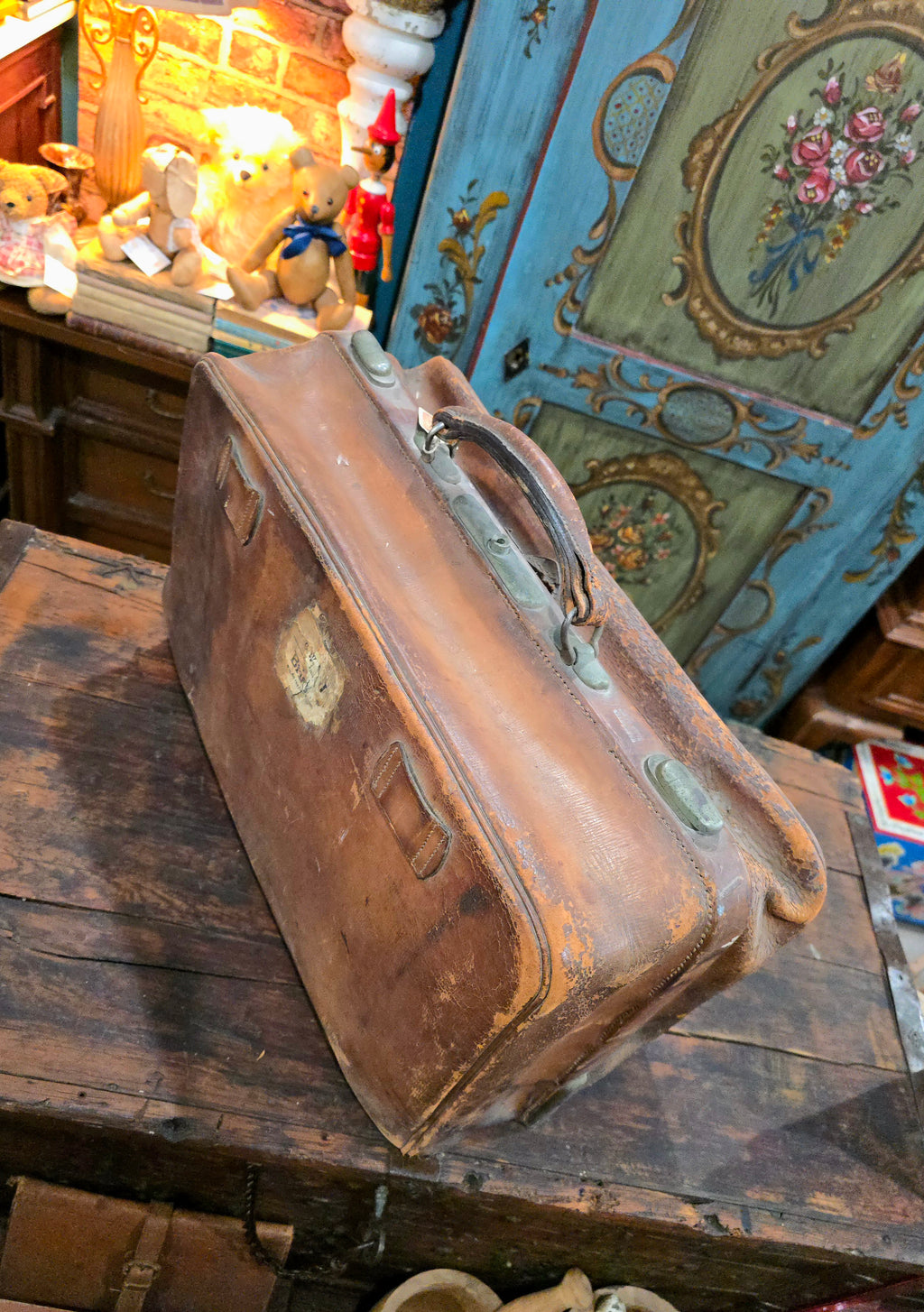 Antique brown leather suitcase bag