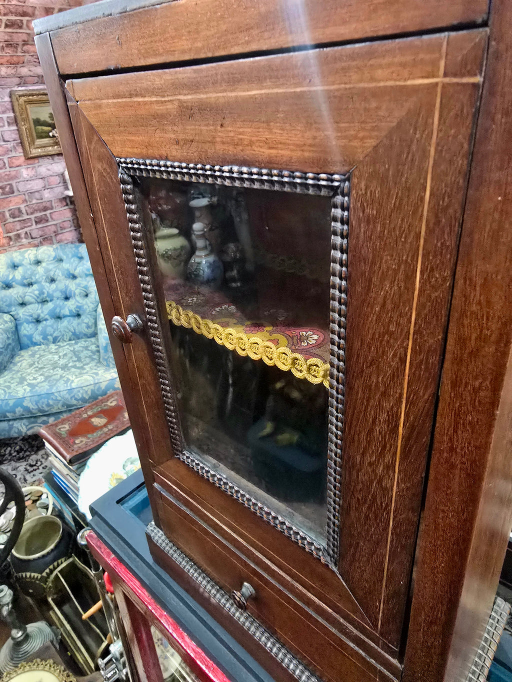 Antique miniature showcase doll or small showcase wooden cabinet
