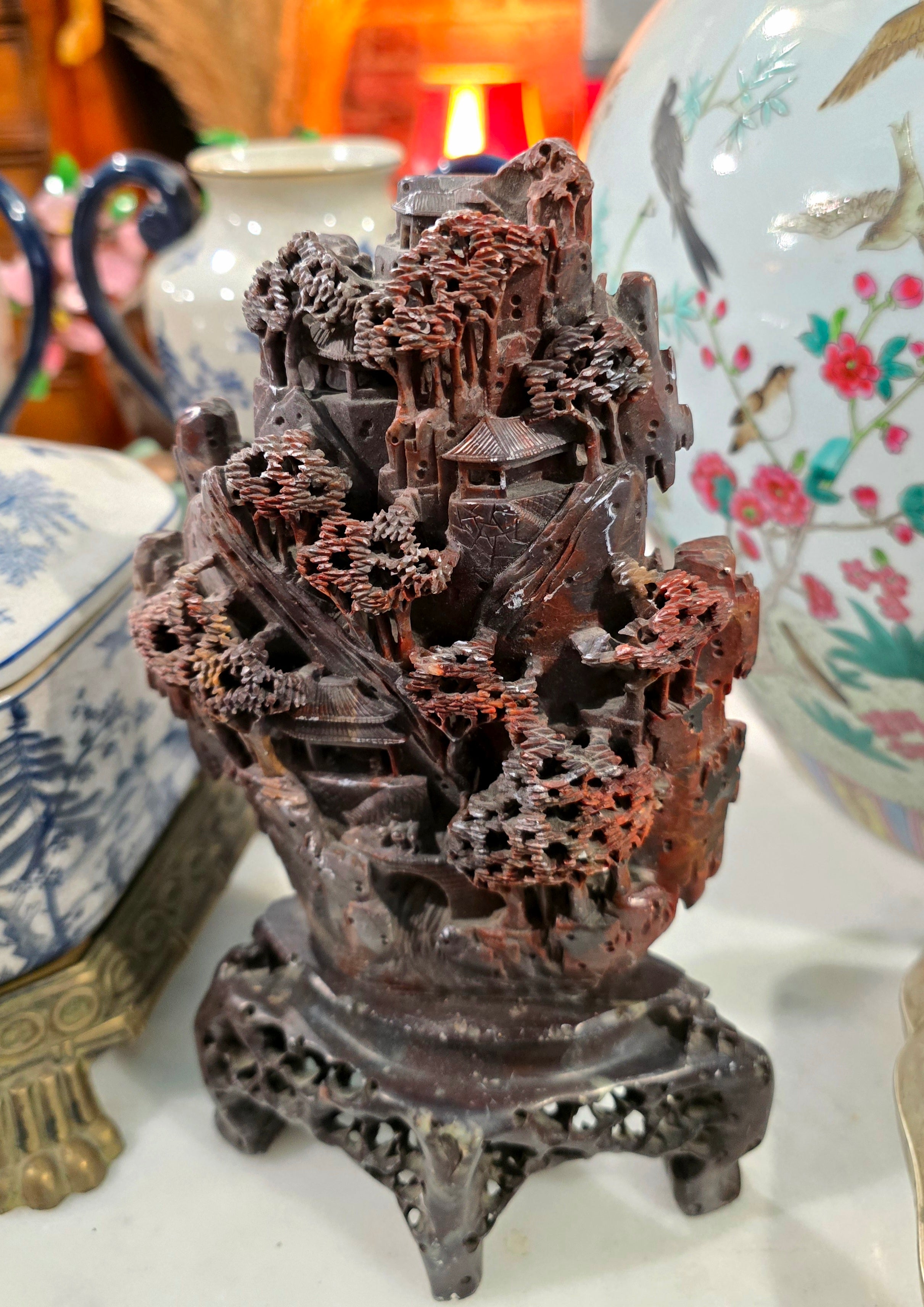 Vintage Chinese Soapstone Landscape Carving Sculpture on Wooden Stand