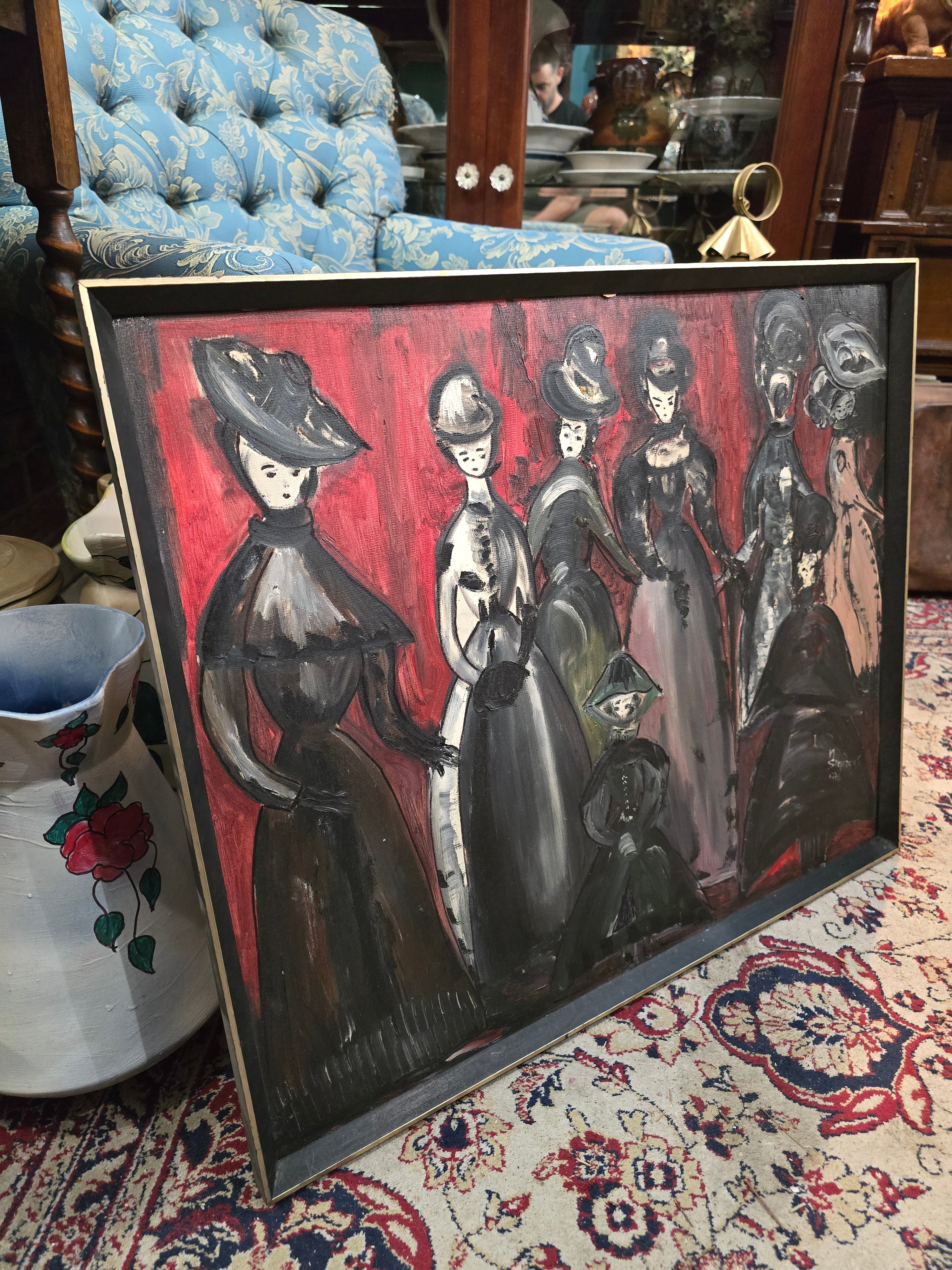Vintage 1976 modern hand painted figures painting