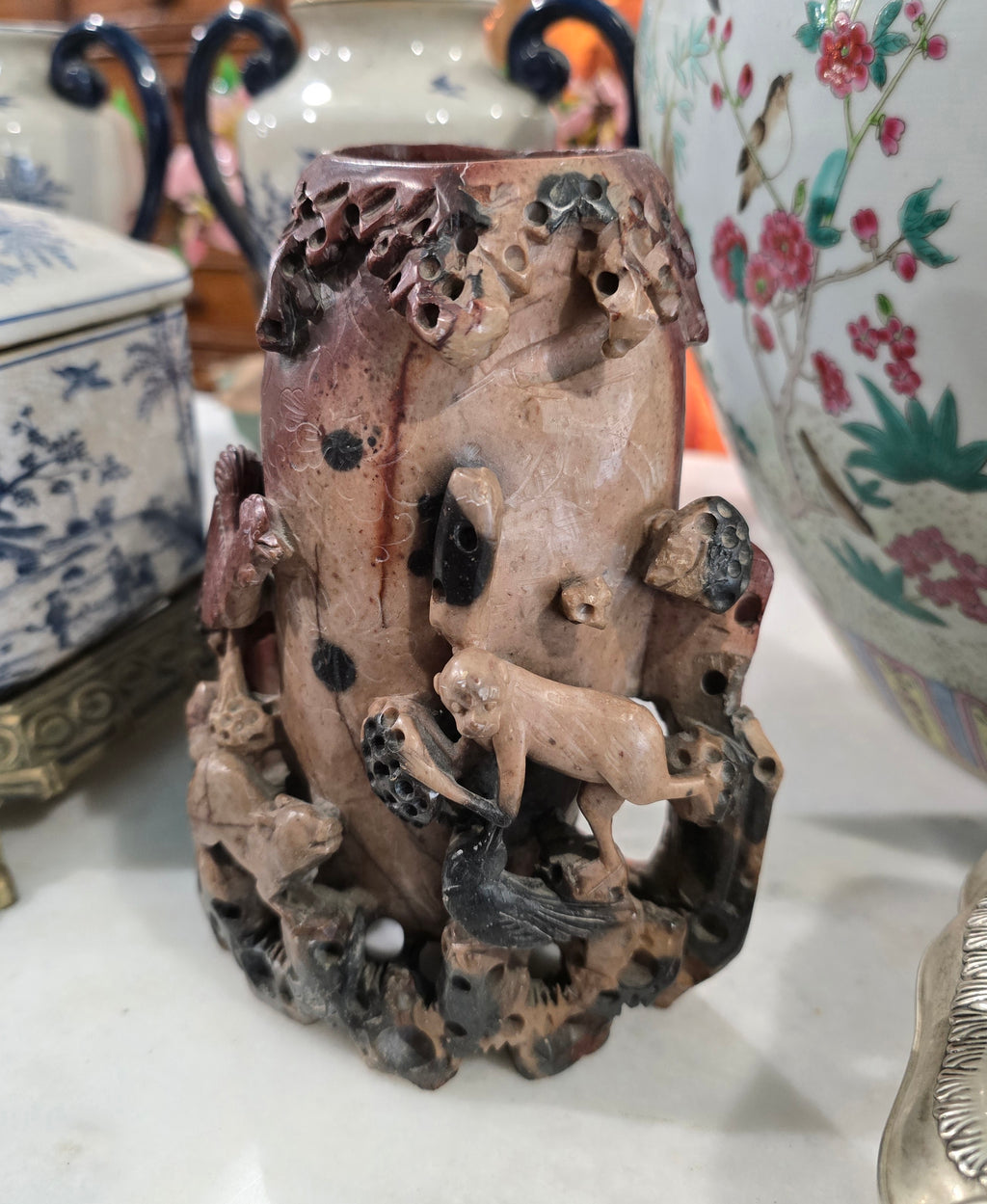 Vintage Chinese Soapstone Carving - Figural Tree Stump Sculpture