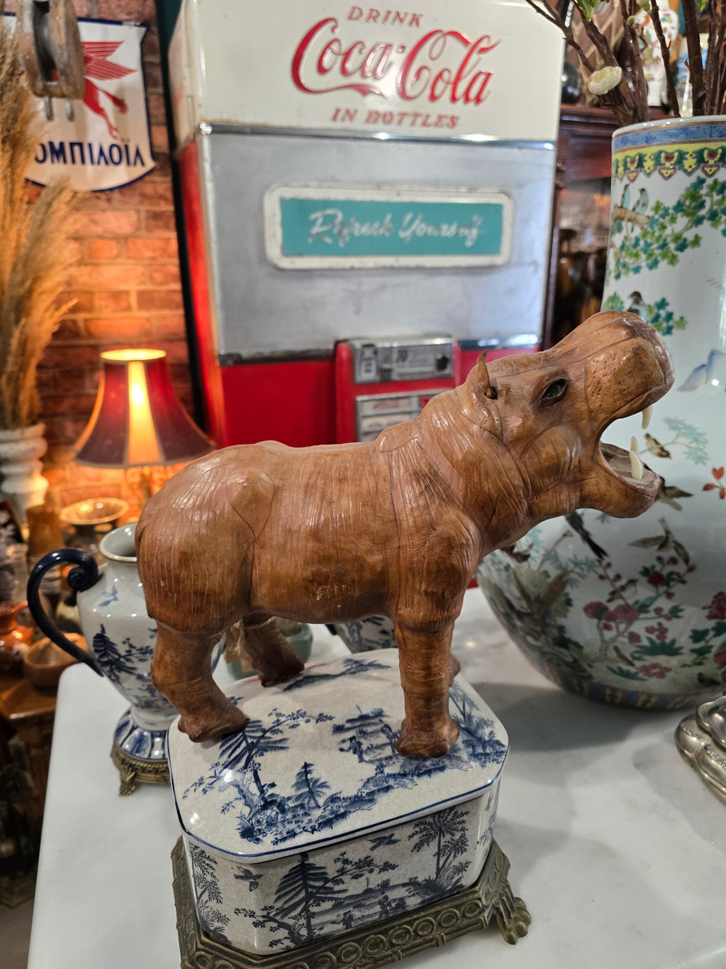 Vintage leather-wrapped hippopotamus figure