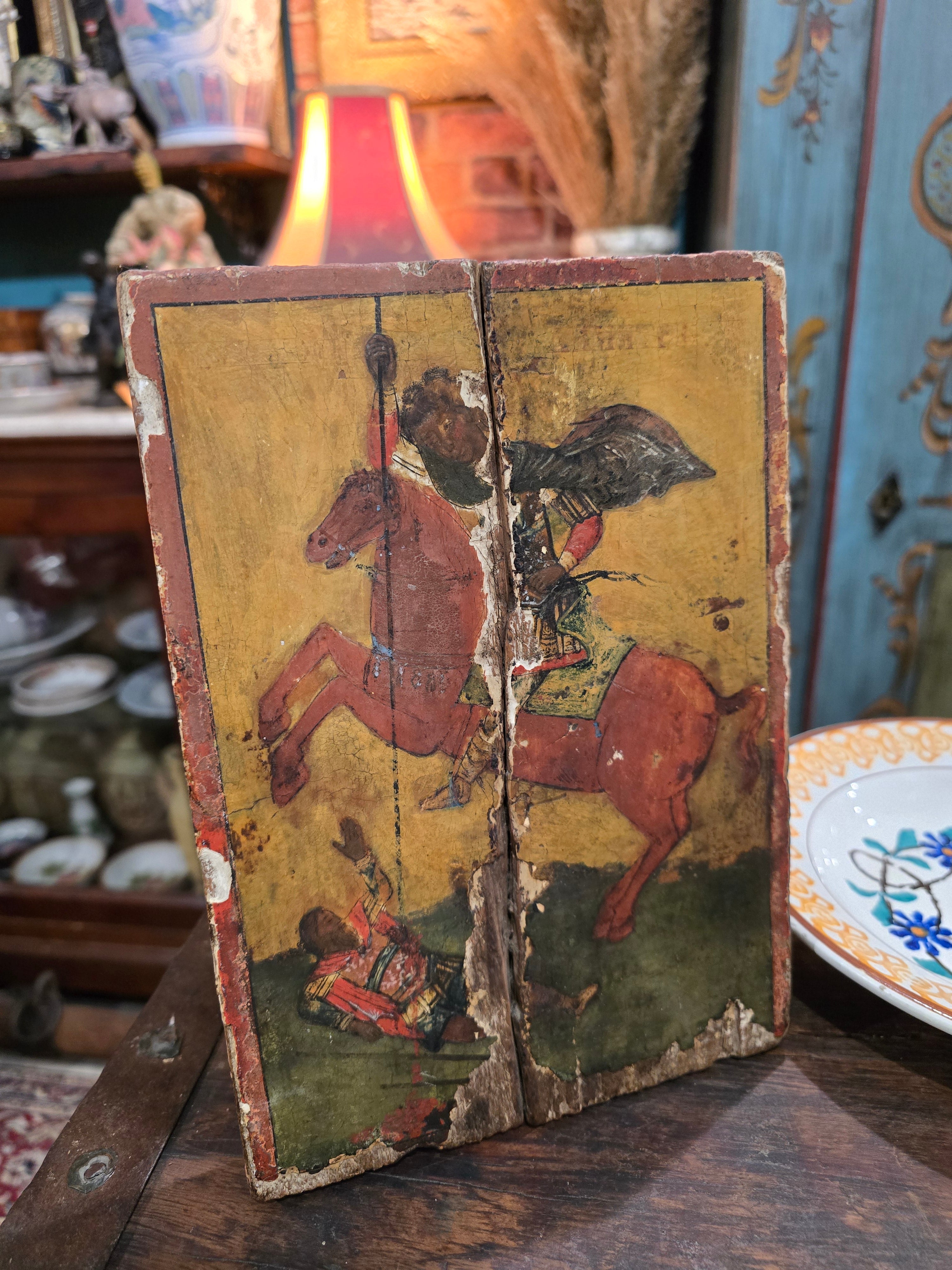 Antique religious wooden hand painted saint
