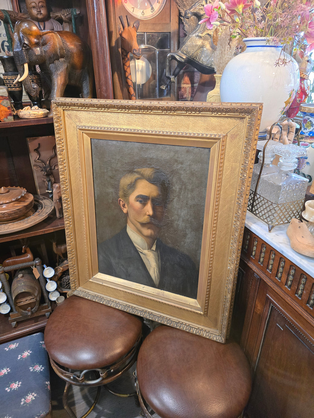 Antique 19th Century Oil Canvas Portrait Painting