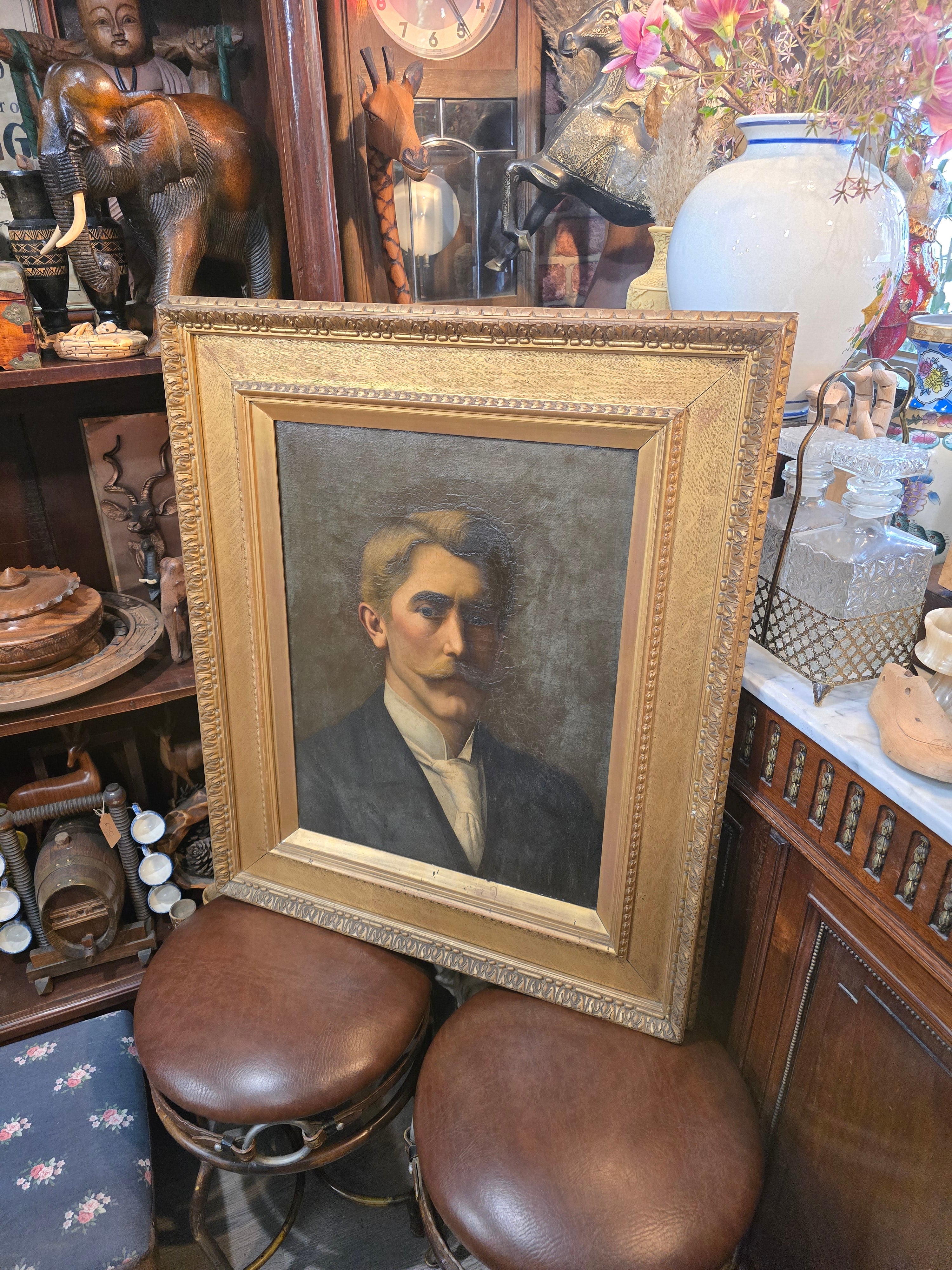 Antique 19th Century Oil Canvas Portrait Painting