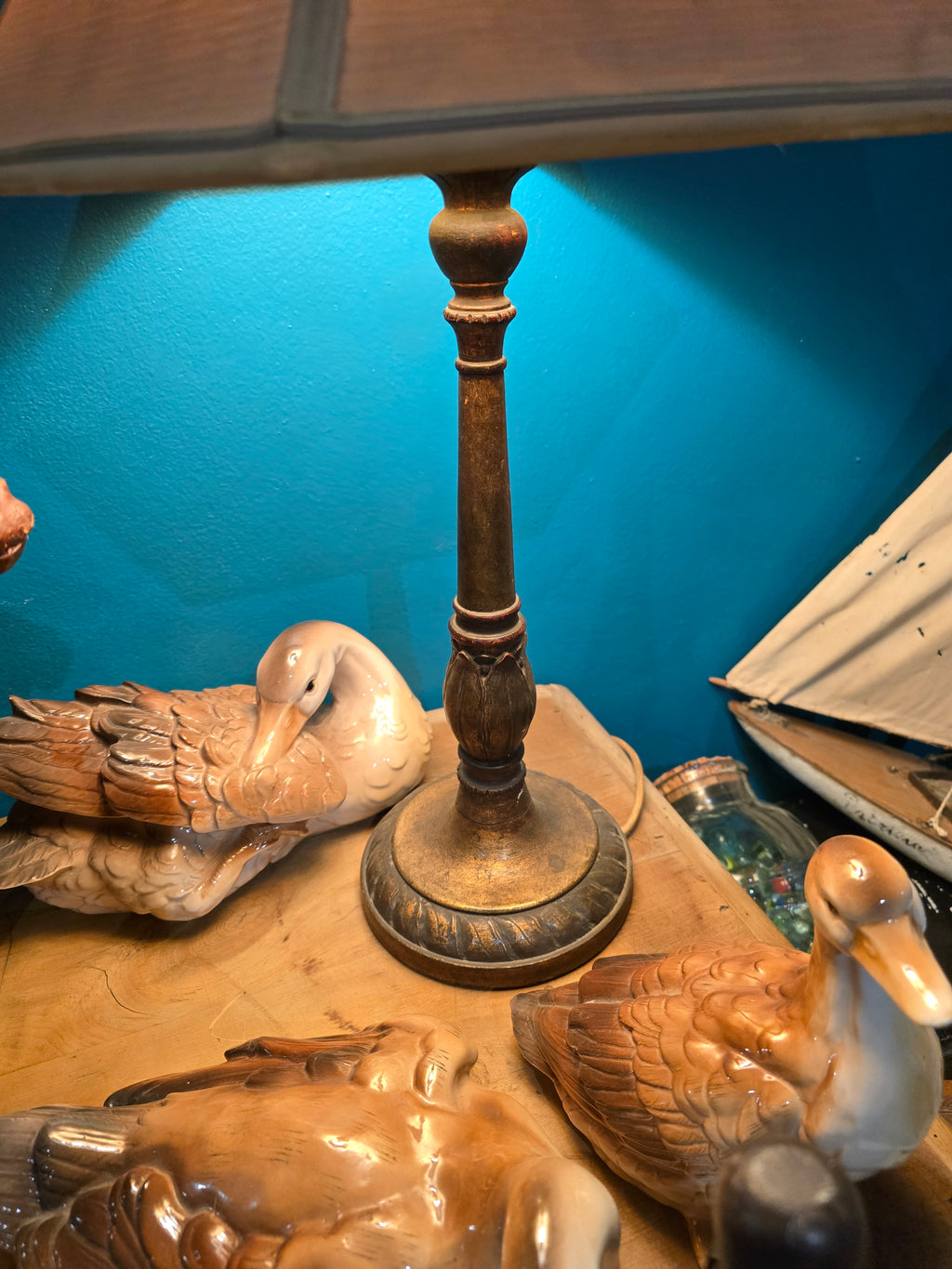Vintage wood and fabric table lamp