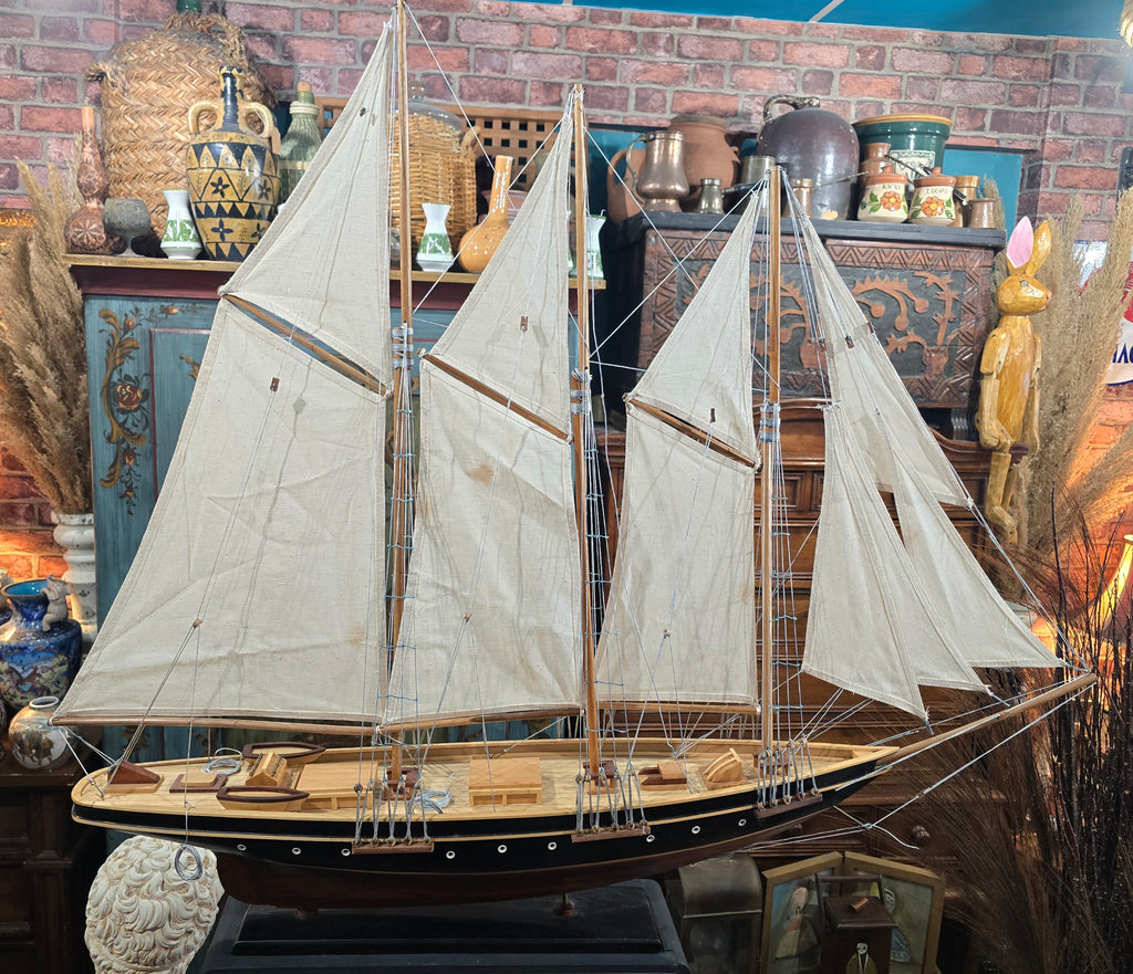 Vintage Handcrafted Wooden Model of Historic Three- Masted Schooner ship