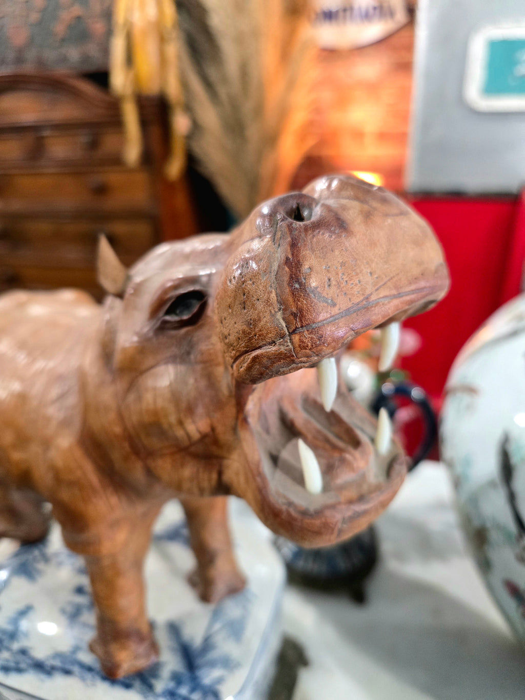 Vintage leather-wrapped hippopotamus figure